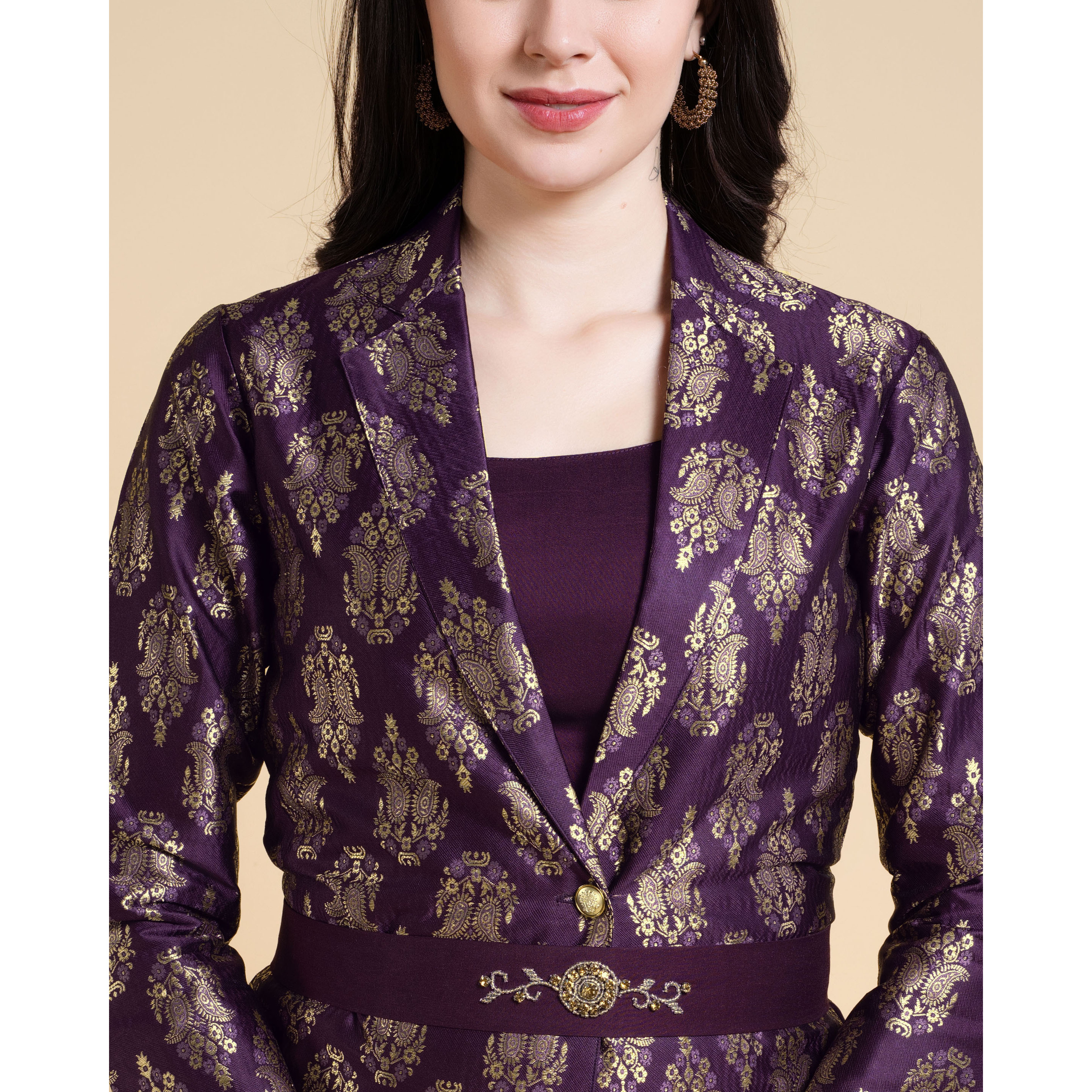 MOJILAA Women's Wine Jacquard Paisley Brocade Woven Design Festive & Party Co-ord Set