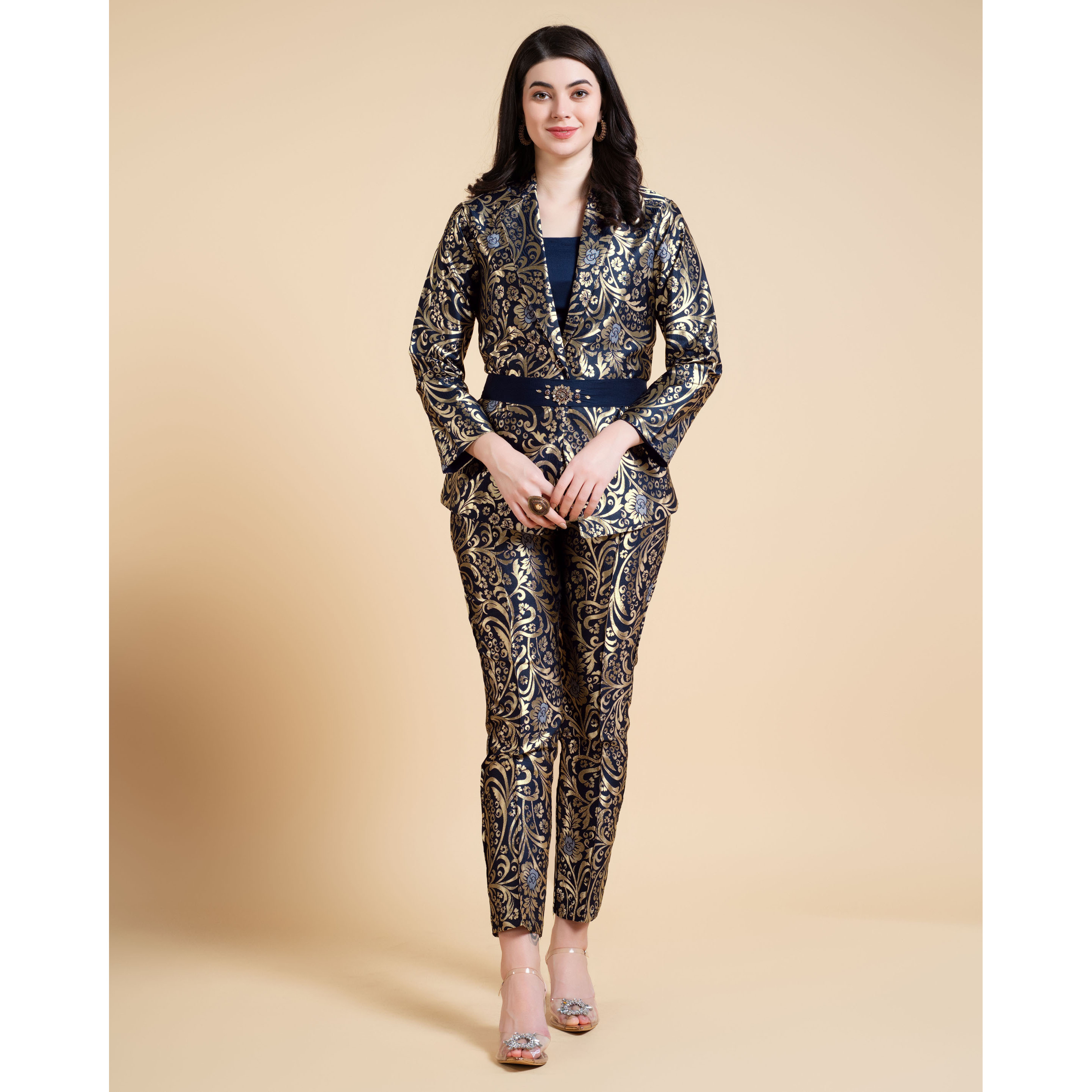 MOJILAA Women's Navy Blue Jacquard Ethnic Motifs Brocade Woven Design Festive & Party Co-ord Set