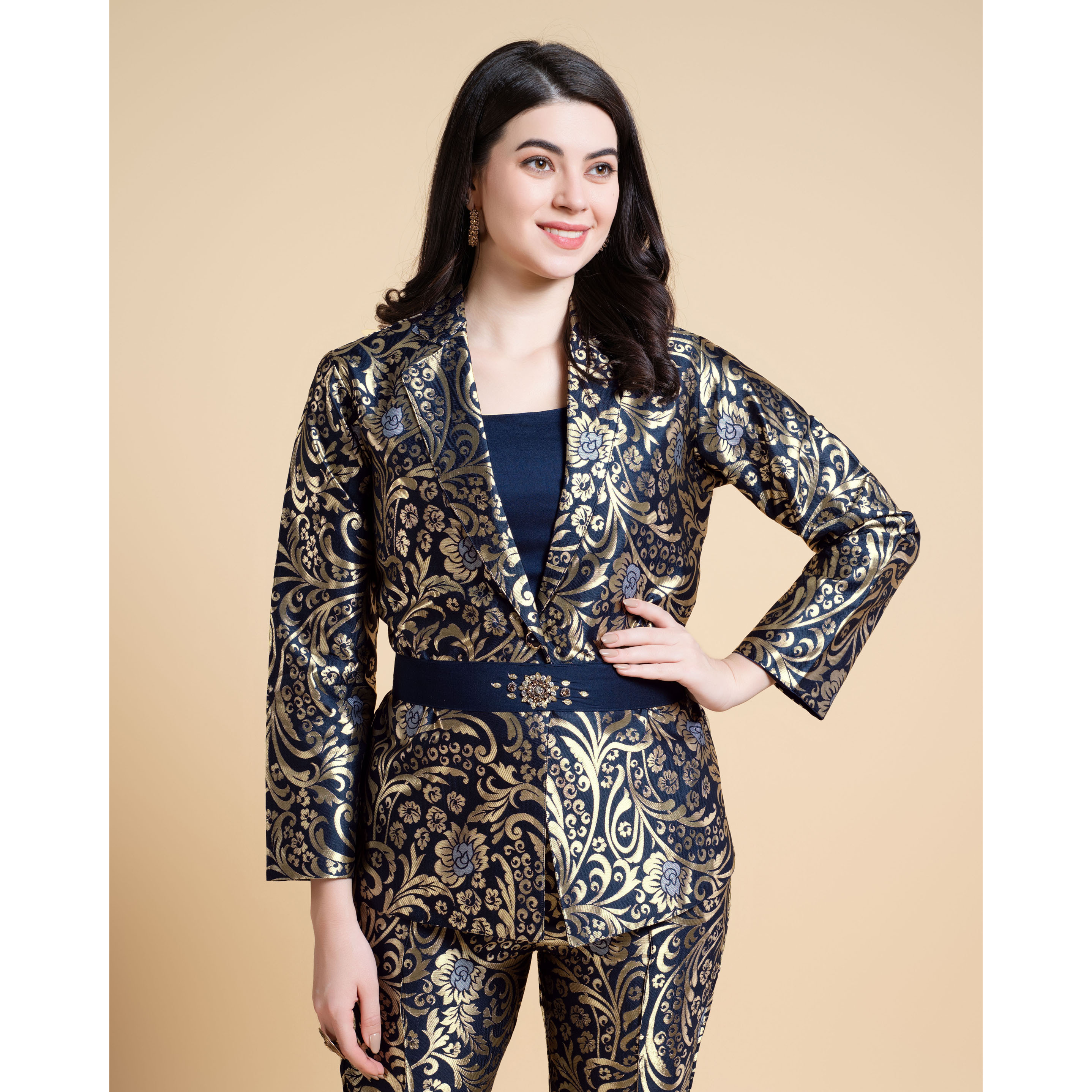 MOJILAA Women's Navy Blue Jacquard Ethnic Motifs Brocade Woven Design Festive & Party Co-ord Set