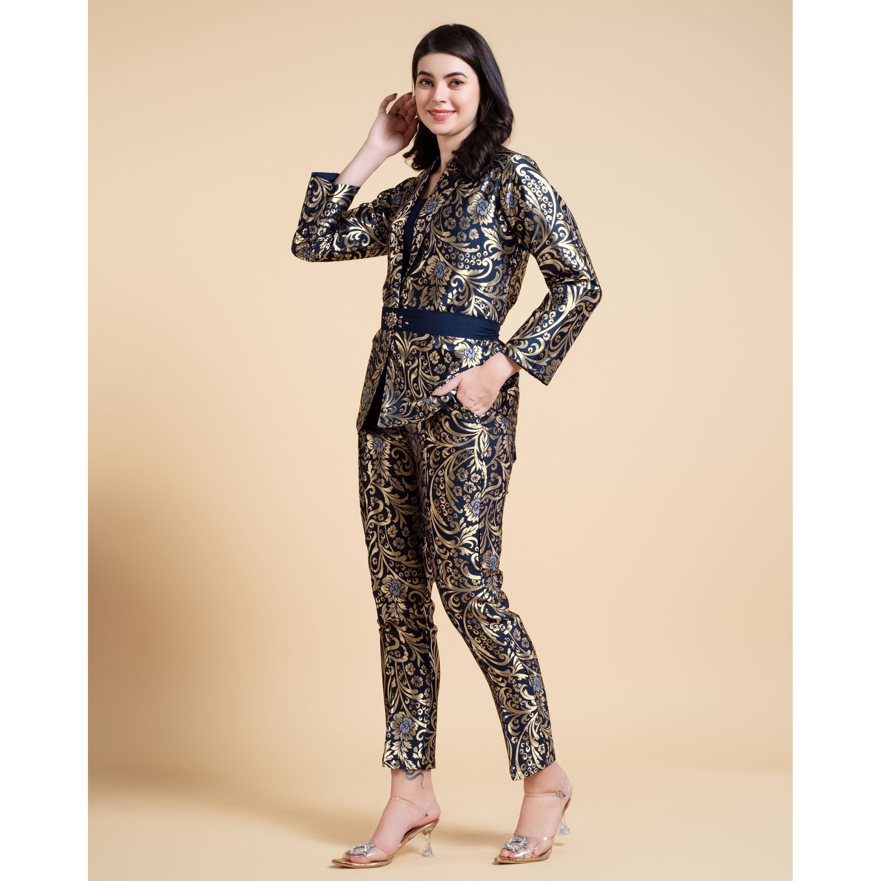 MOJILAA Women's Navy Blue Jacquard Ethnic Motifs Brocade Woven Design Festive & Party Co-ord Set