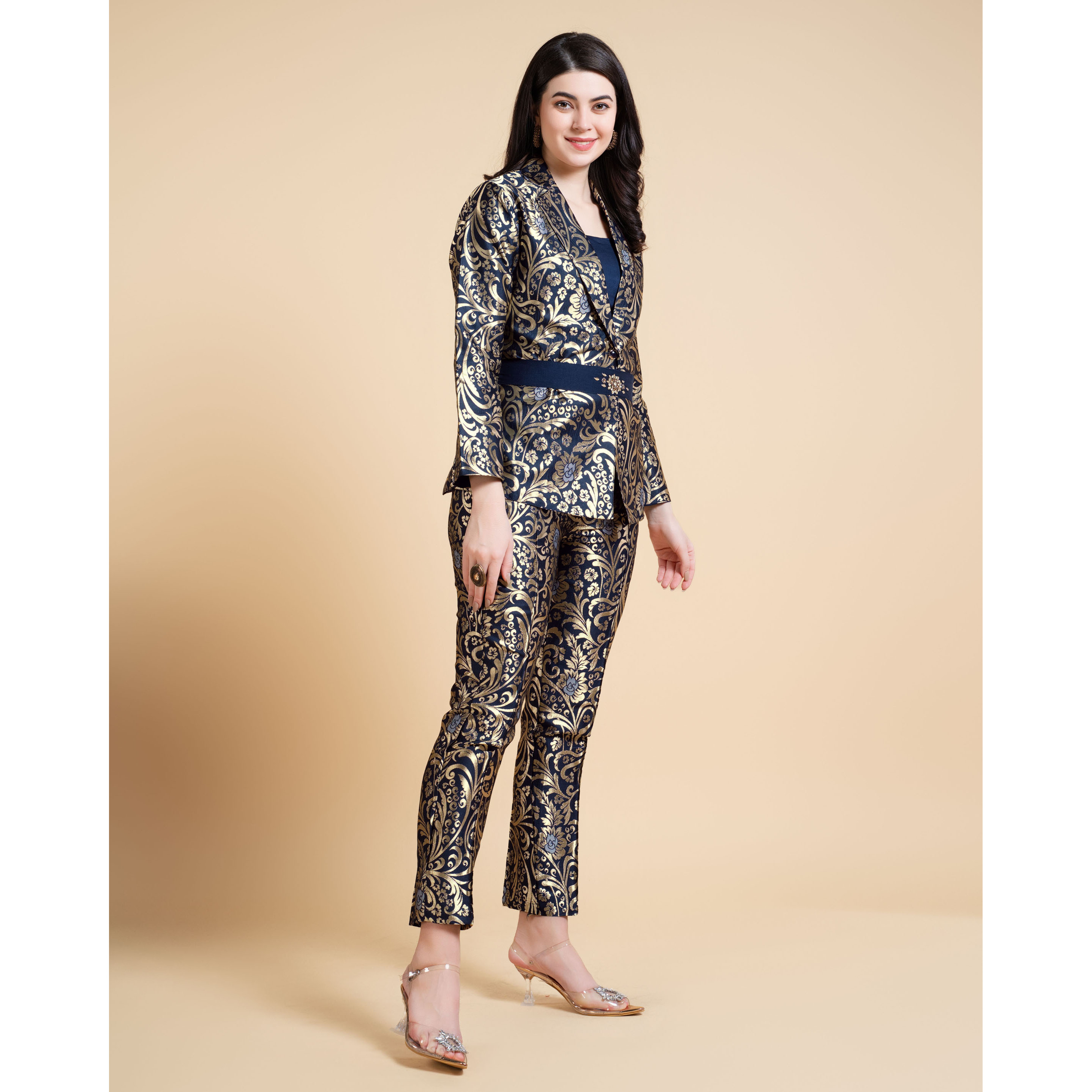 MOJILAA Women's Navy Blue Jacquard Ethnic Motifs Brocade Woven Design Festive & Party Co-ord Set