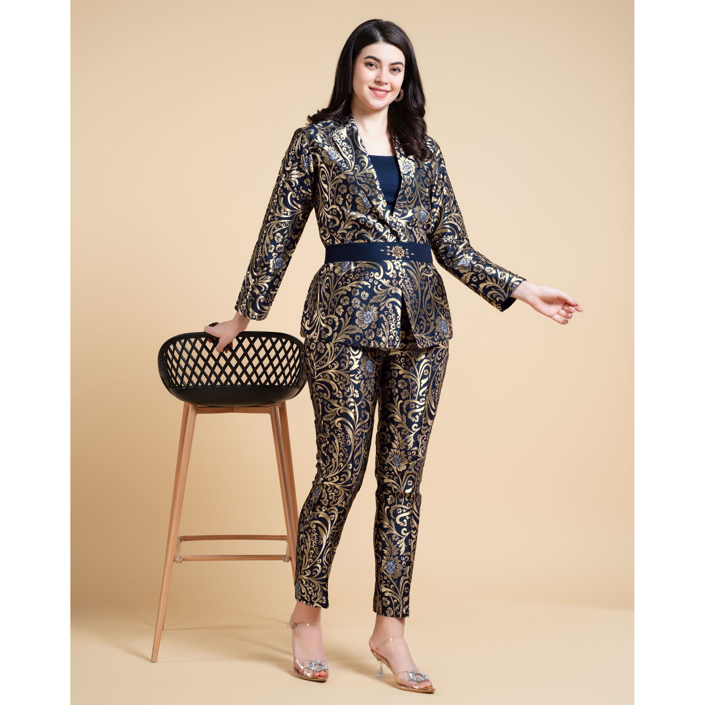 MOJILAA Women's Navy Blue Jacquard Ethnic Motifs Brocade Woven Design Festive & Party Co-ord Set