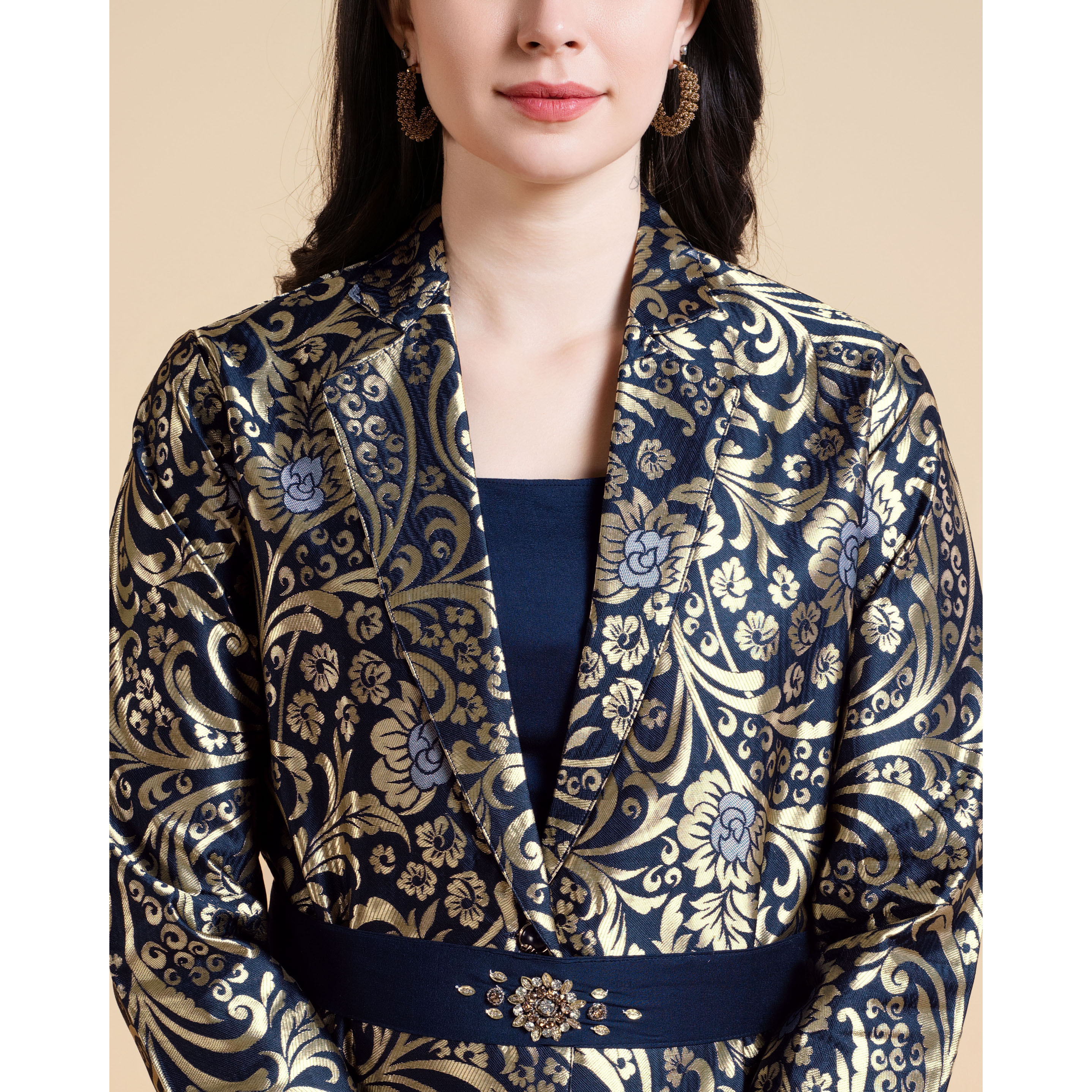 MOJILAA Women's Navy Blue Jacquard Ethnic Motifs Brocade Woven Design Festive & Party Co-ord Set