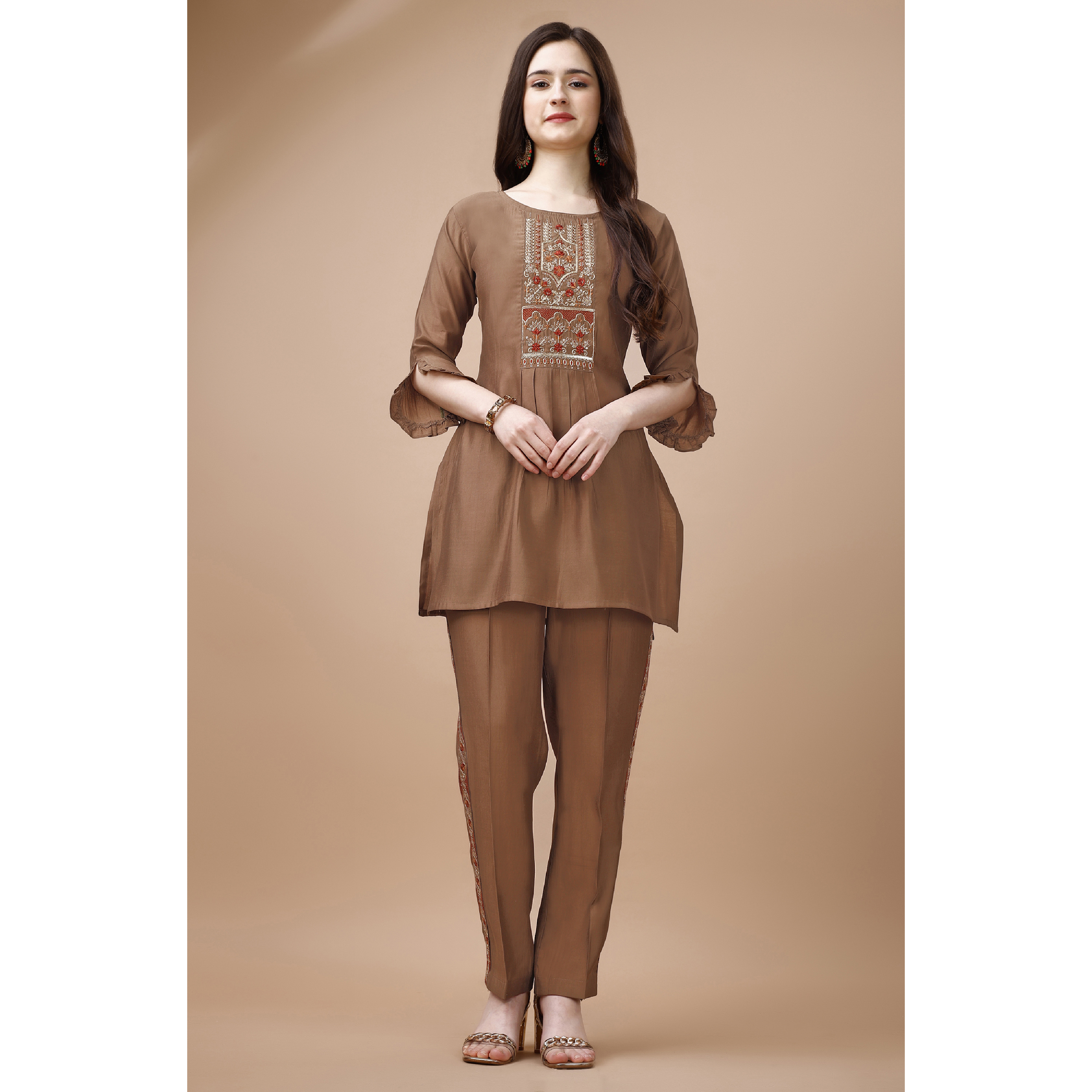 MOJILAA Women's Brown Viscose Blend Floral Embroidered Festive & Party Co-ord Set
