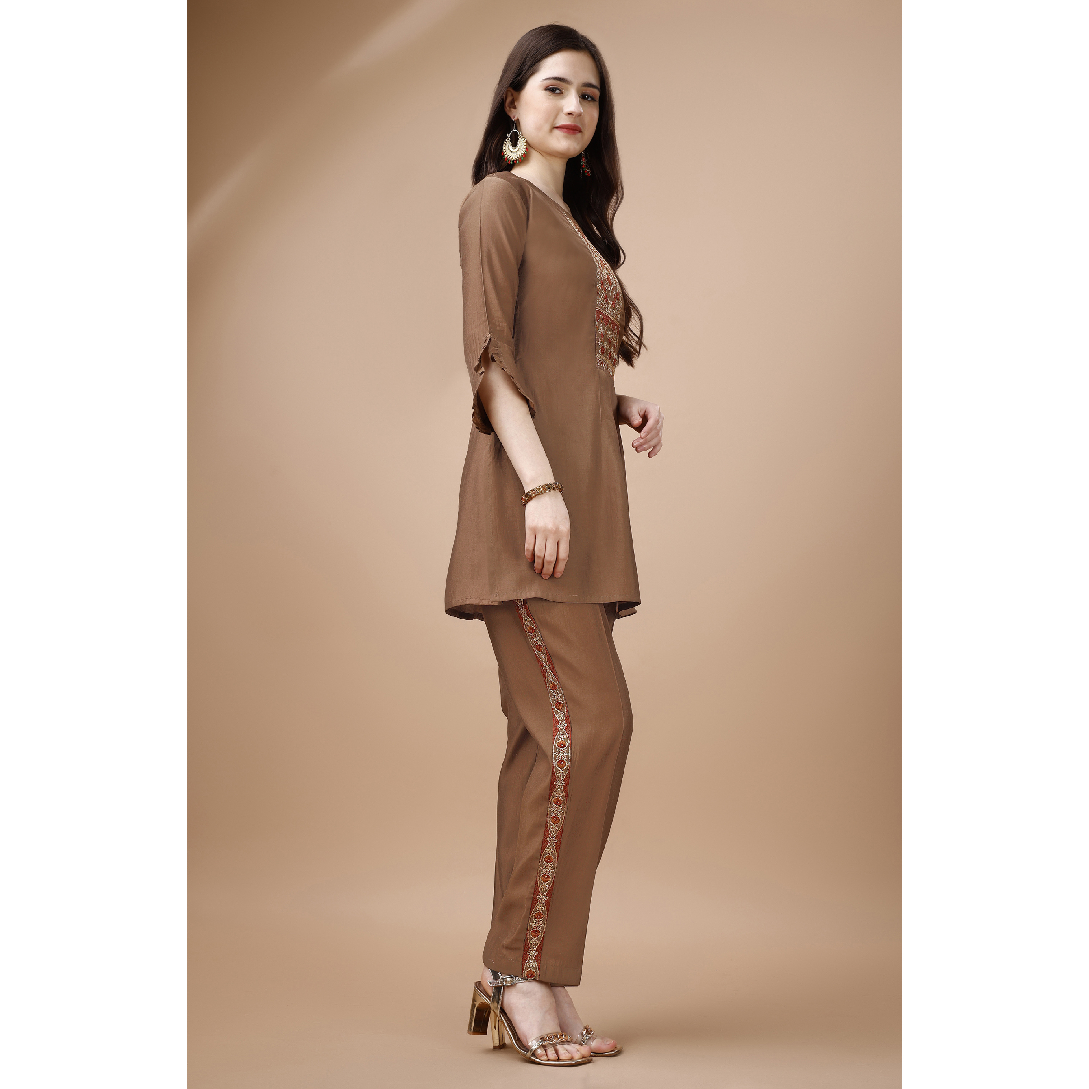 MOJILAA Women's Brown Viscose Blend Floral Embroidered Festive & Party Co-ord Set