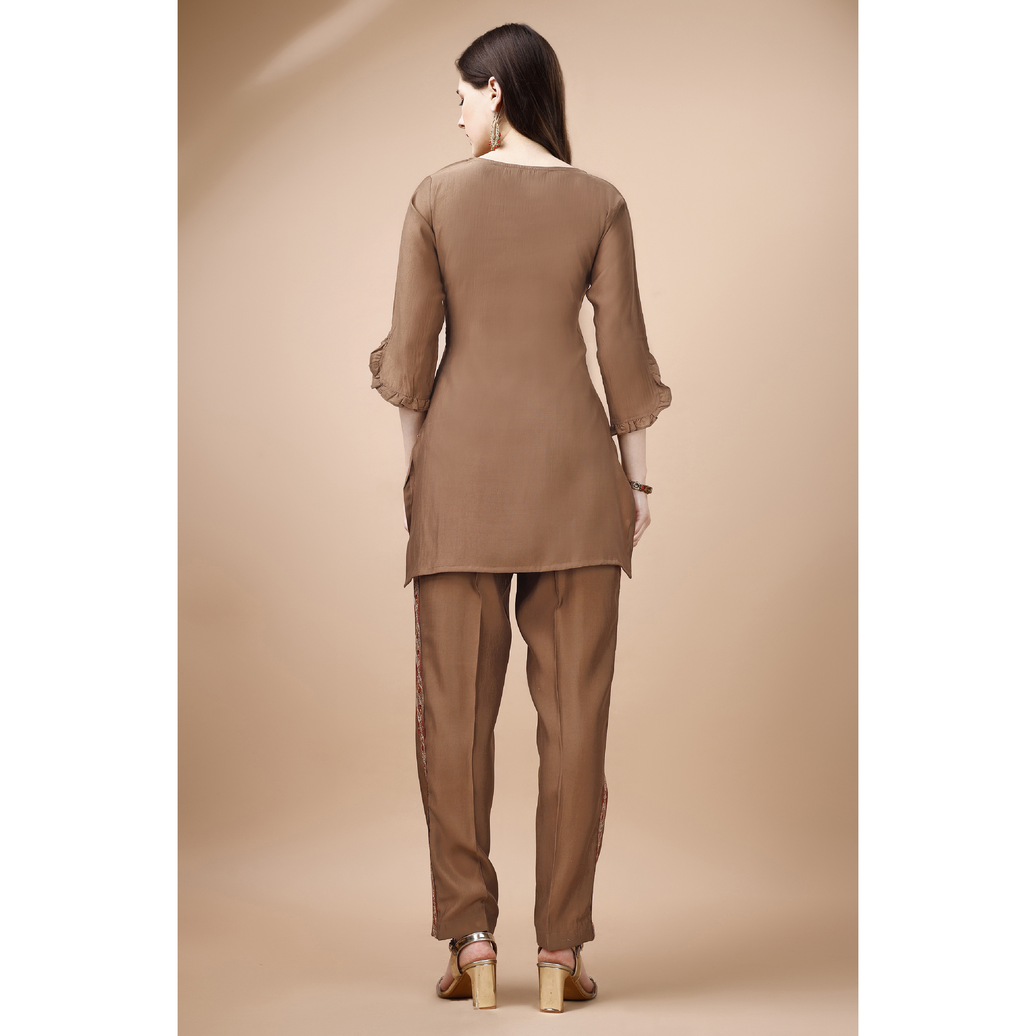 MOJILAA Women's Brown Viscose Blend Floral Embroidered Festive & Party Co-ord Set