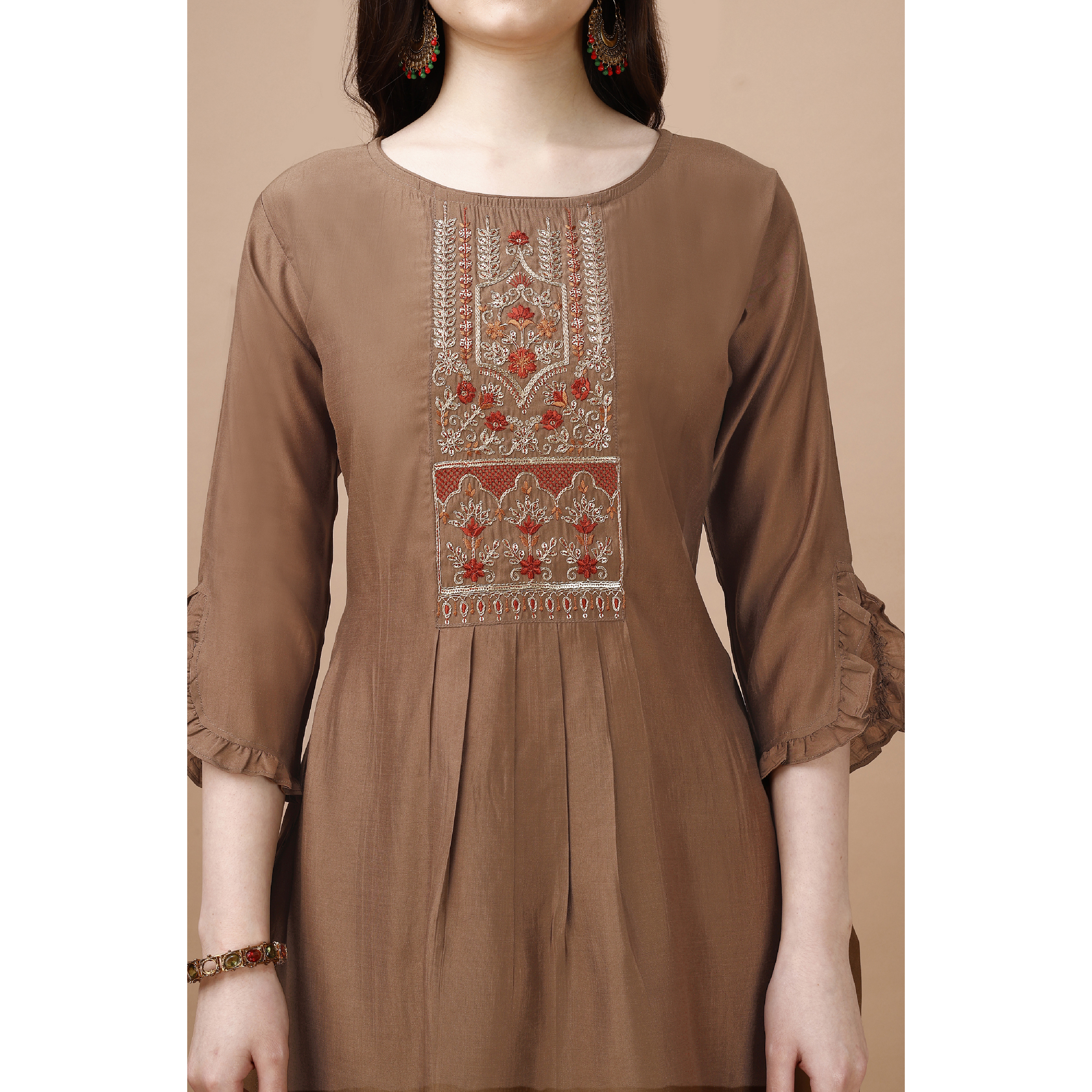 MOJILAA Women's Brown Viscose Blend Floral Embroidered Festive & Party Co-ord Set