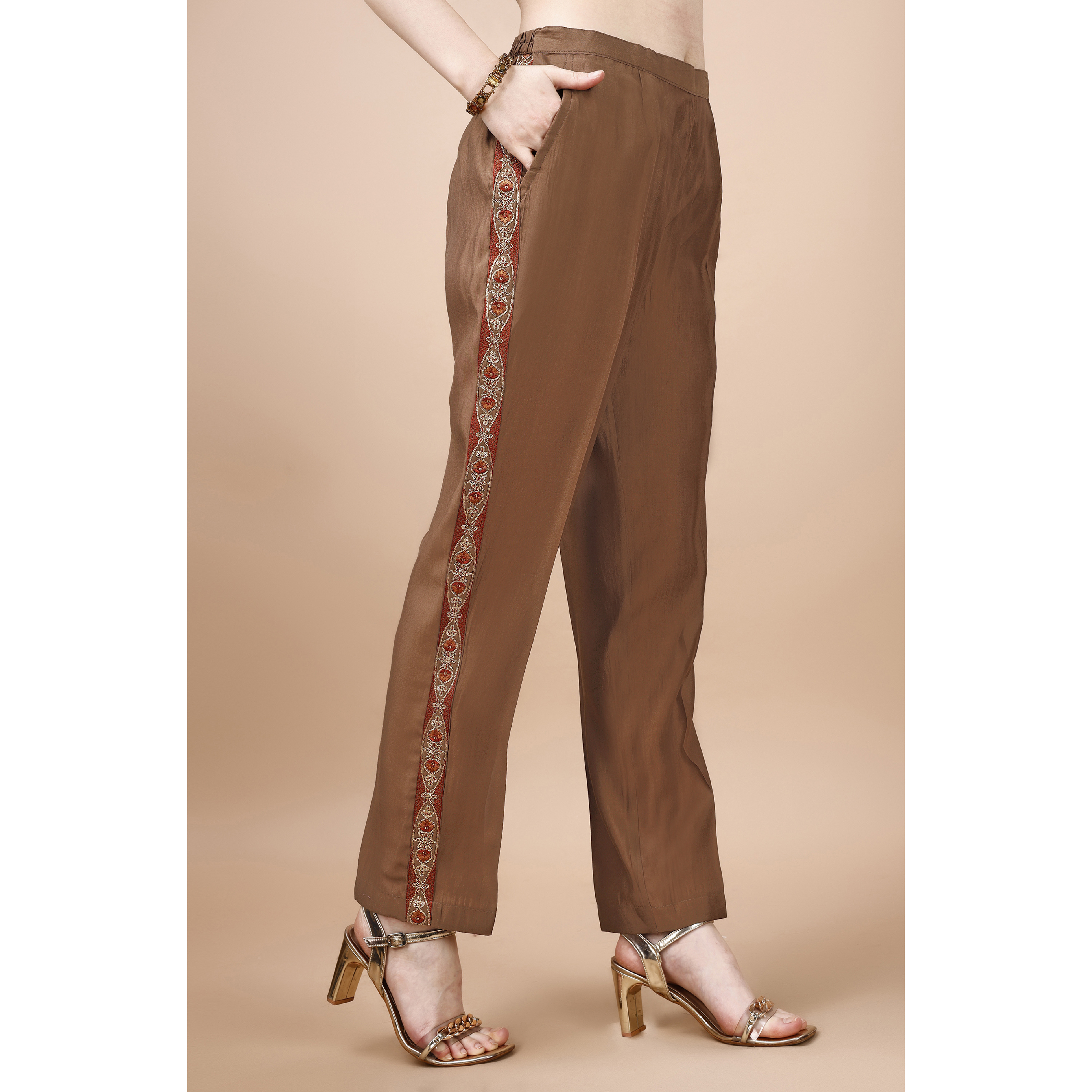 MOJILAA Women's Brown Viscose Blend Floral Embroidered Festive & Party Co-ord Set