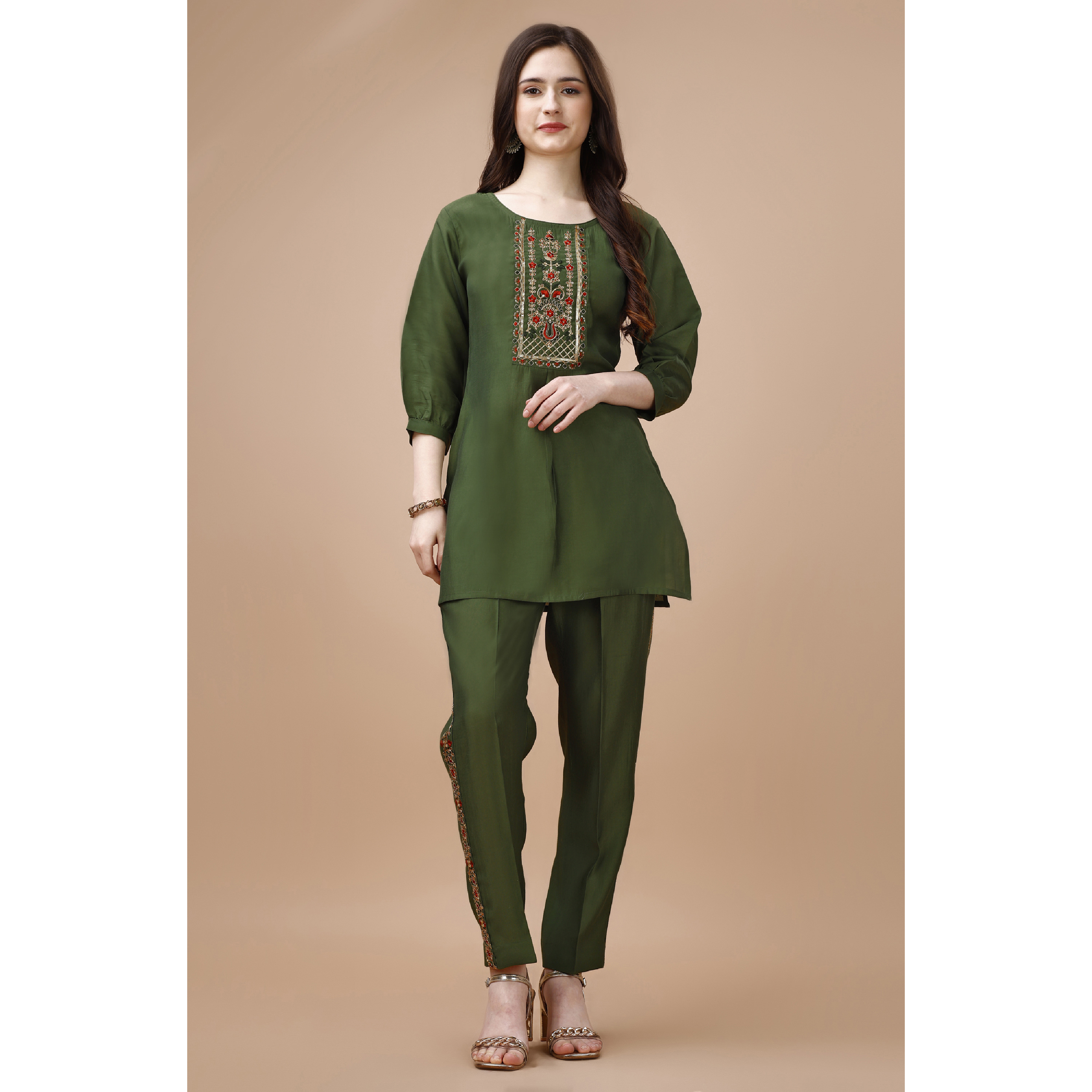 MOJILAA Women's Olive Green Viscose Blend Floral Embroidered Festive & Party Co-ord Set