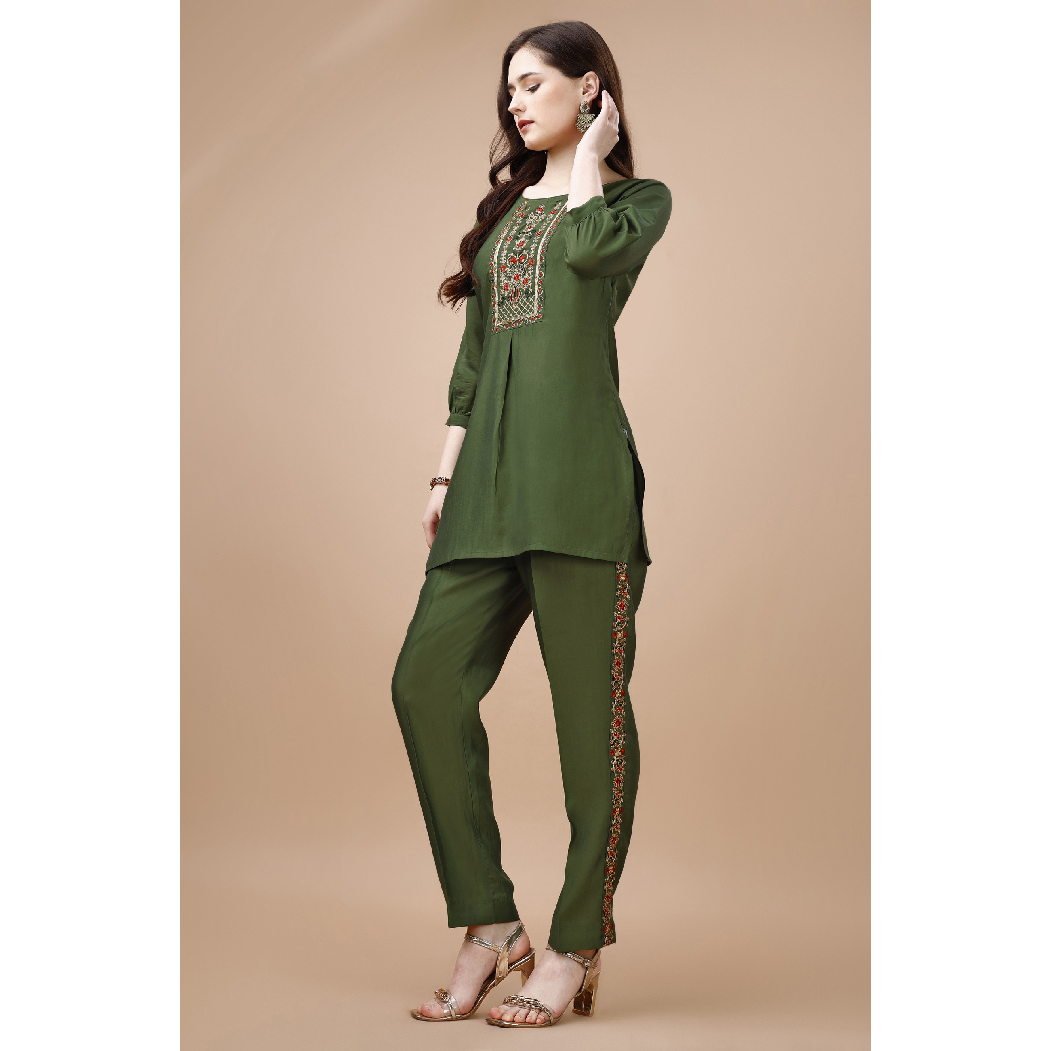MOJILAA Women's Olive Green Viscose Blend Floral Embroidered Festive & Party Co-ord Set