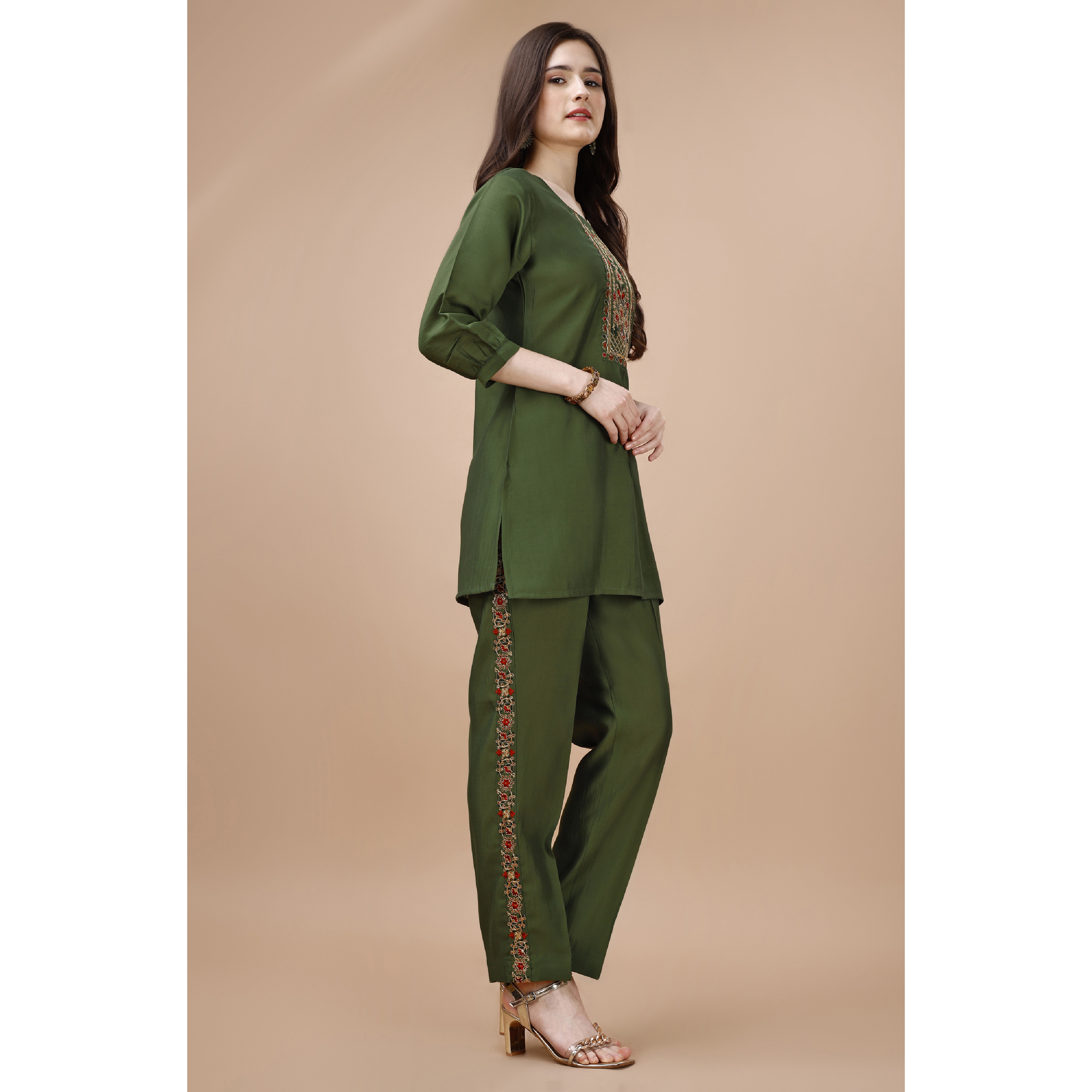 MOJILAA Women's Olive Green Viscose Blend Floral Embroidered Festive & Party Co-ord Set