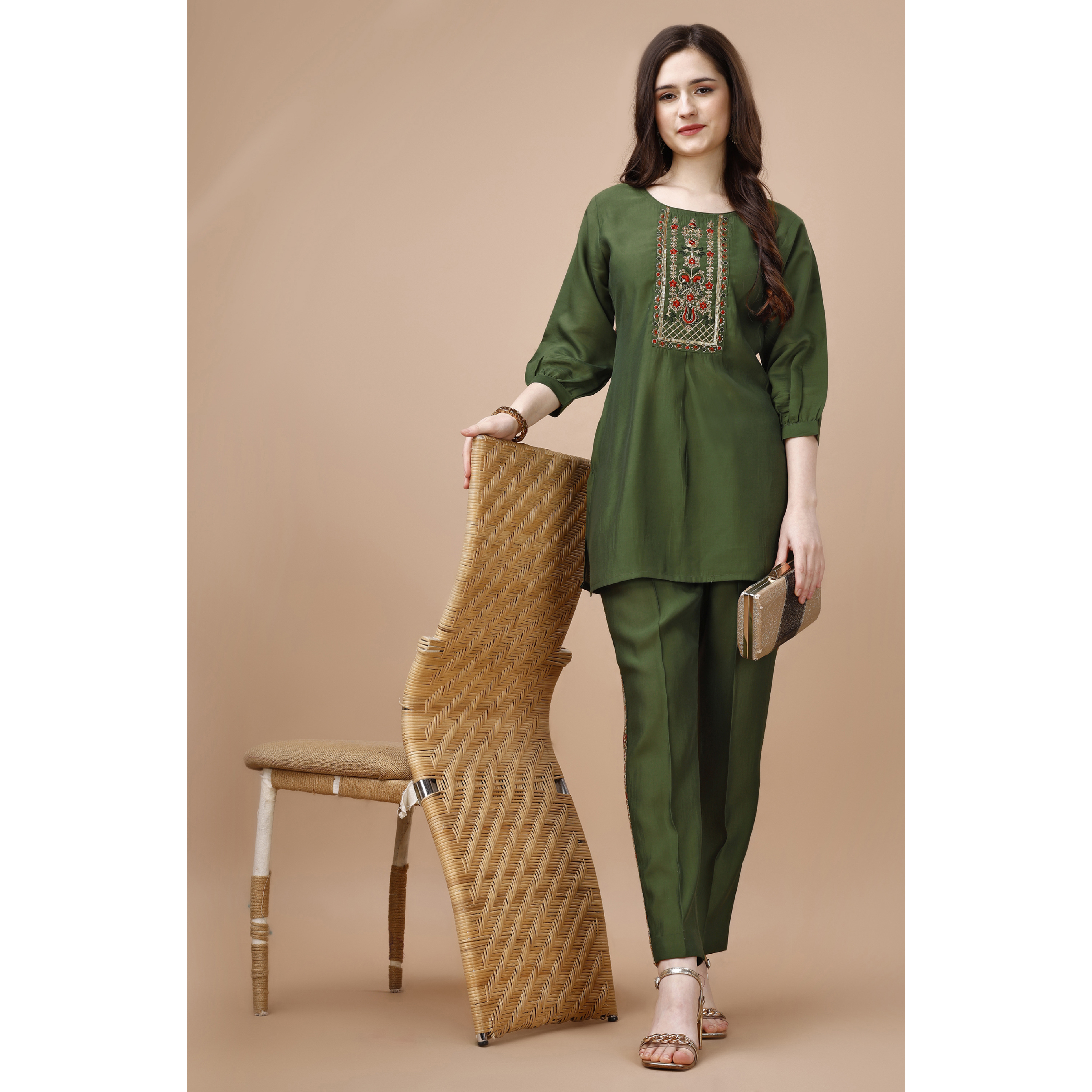 MOJILAA Women's Olive Green Viscose Blend Floral Embroidered Festive & Party Co-ord Set