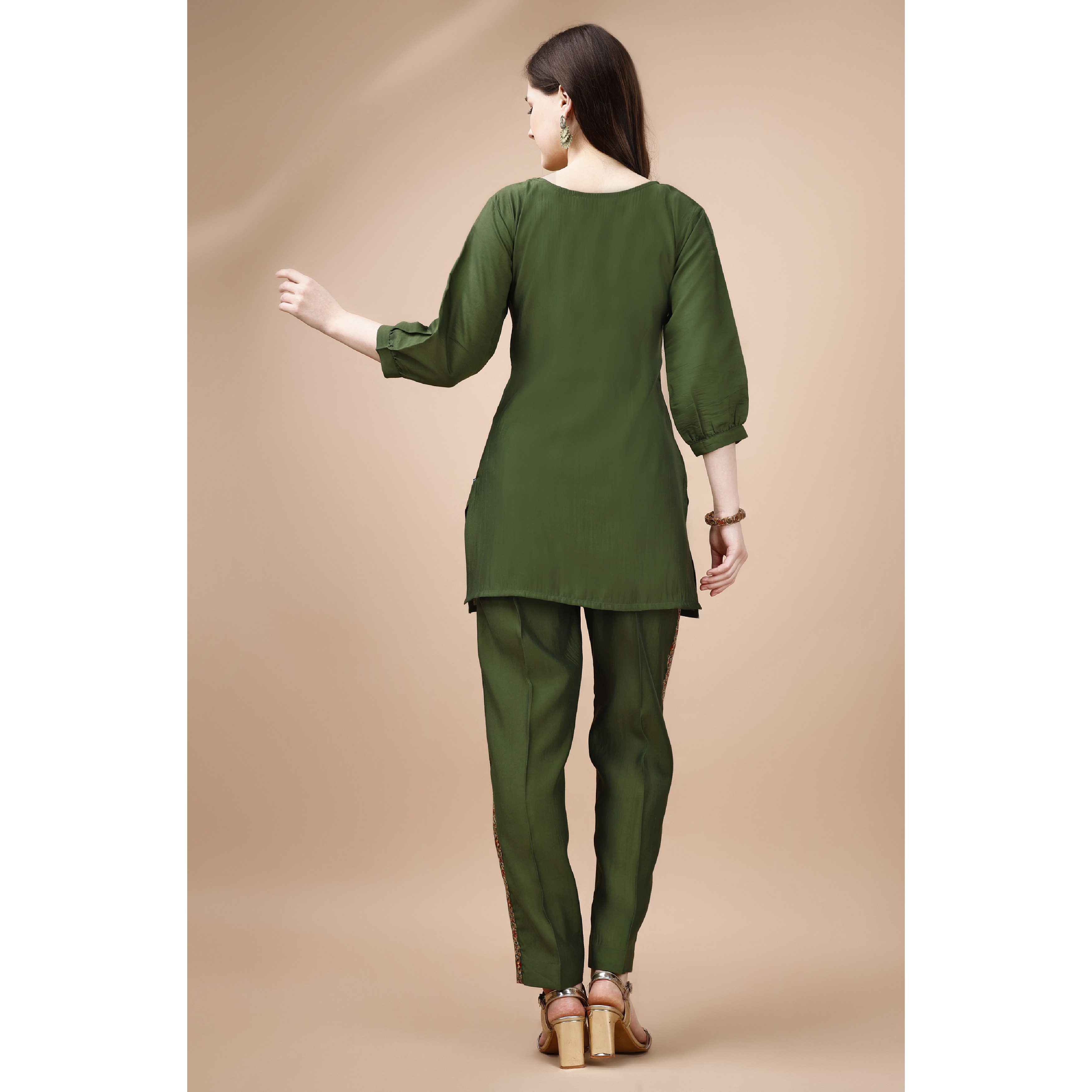 MOJILAA Women's Olive Green Viscose Blend Floral Embroidered Festive & Party Co-ord Set