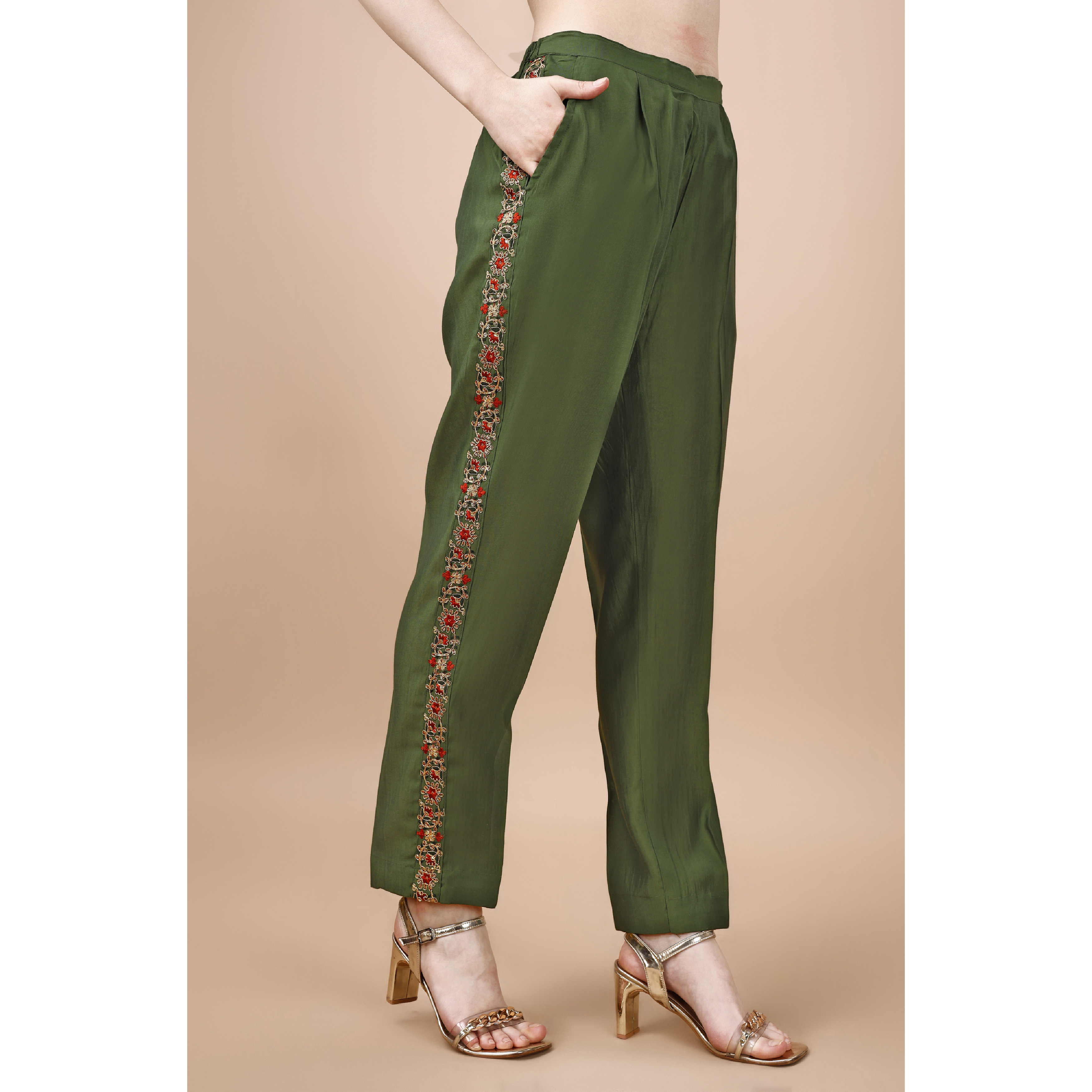 MOJILAA Women's Olive Green Viscose Blend Floral Embroidered Festive & Party Co-ord Set