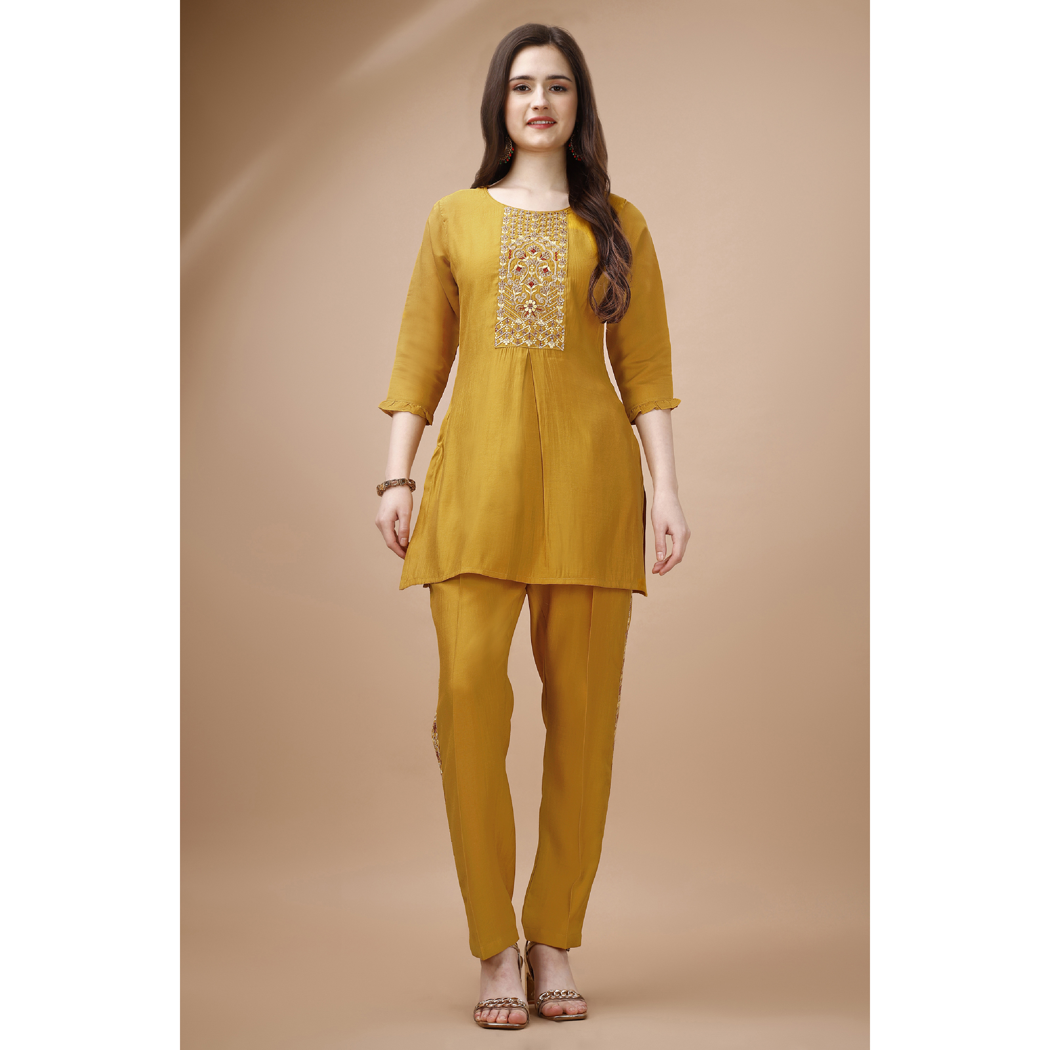 MOJILAA Women's Mustard Viscose Blend Floral Embroidered Festive & Party Co-ord Set