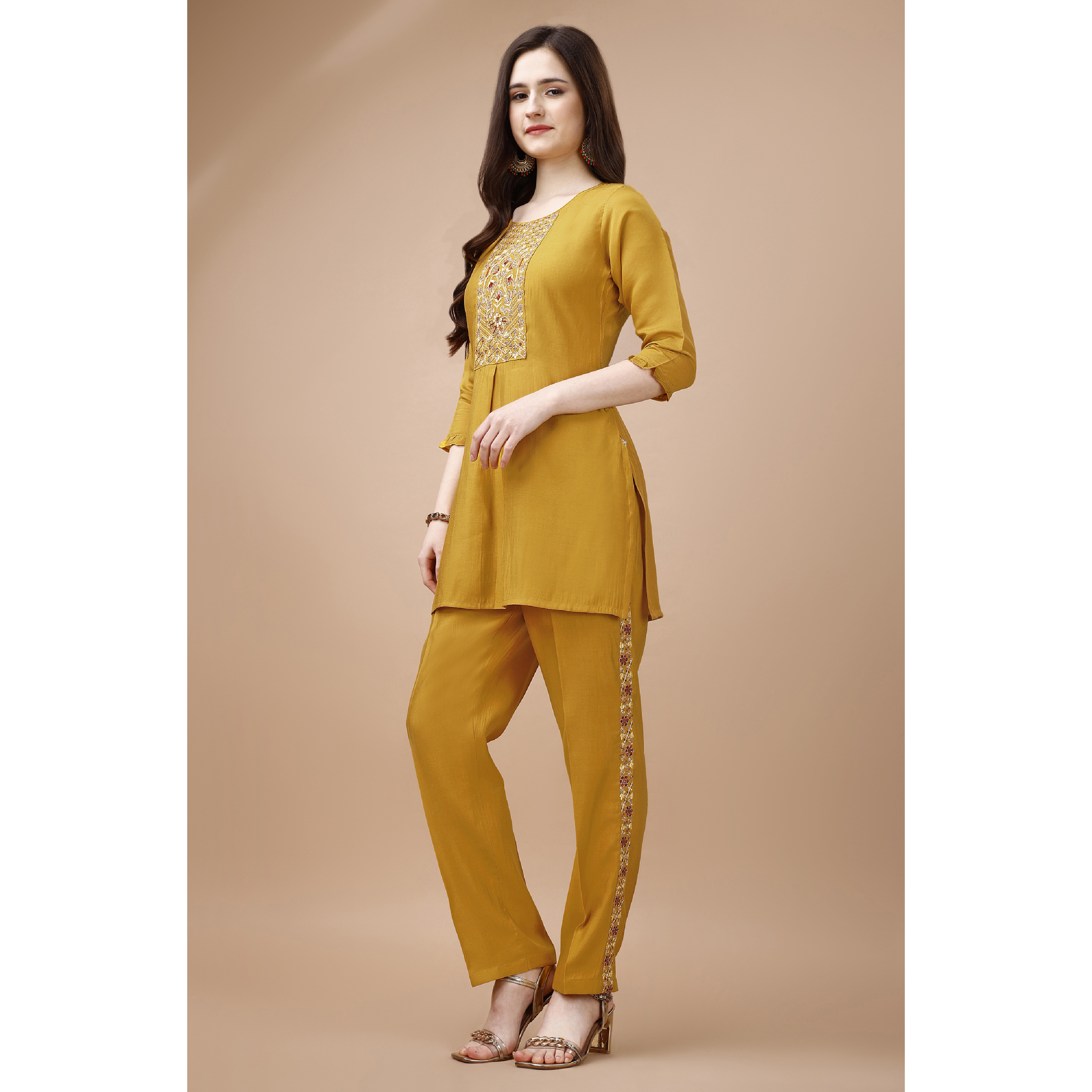 MOJILAA Women's Mustard Viscose Blend Floral Embroidered Festive & Party Co-ord Set