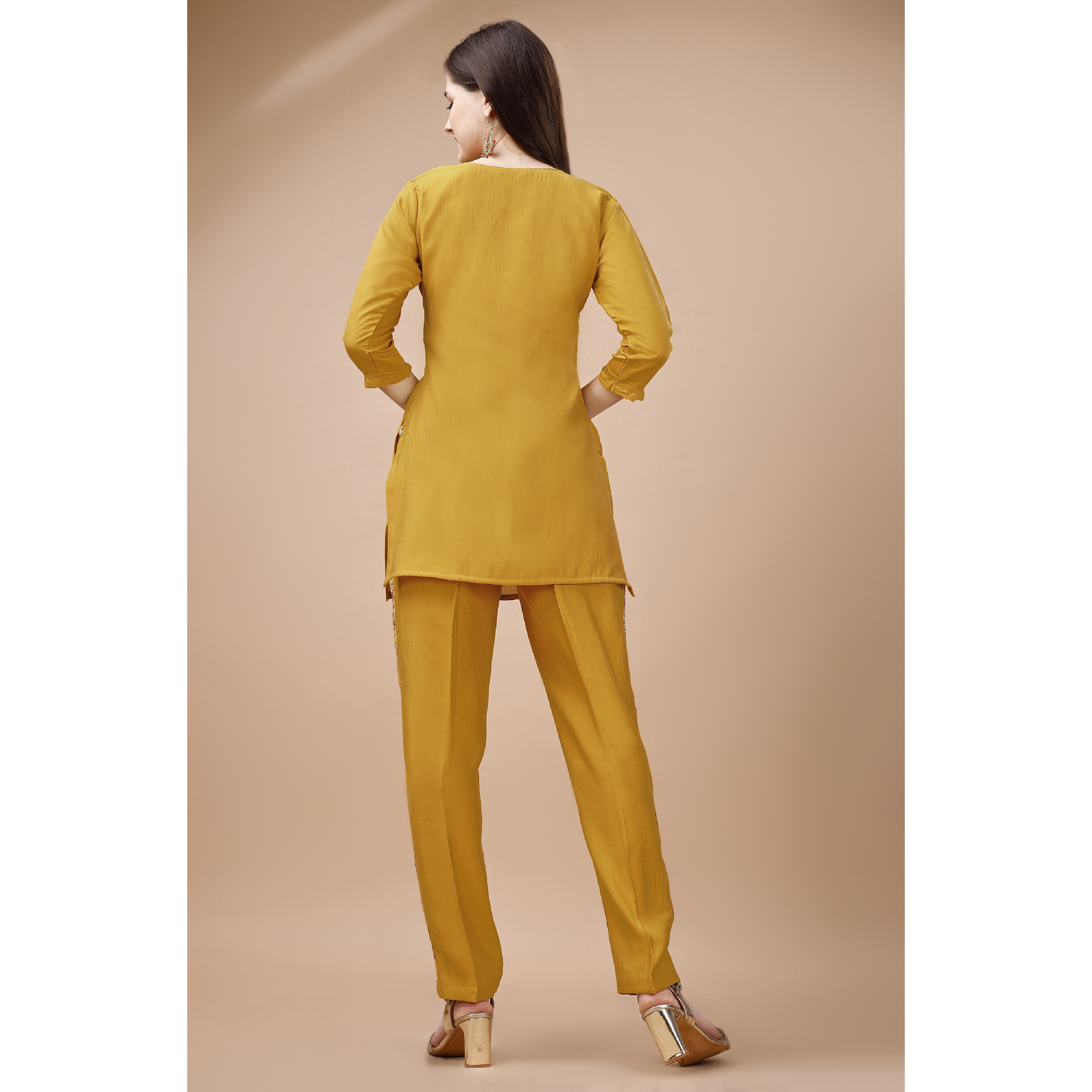 MOJILAA Women's Mustard Viscose Blend Floral Embroidered Festive & Party Co-ord Set