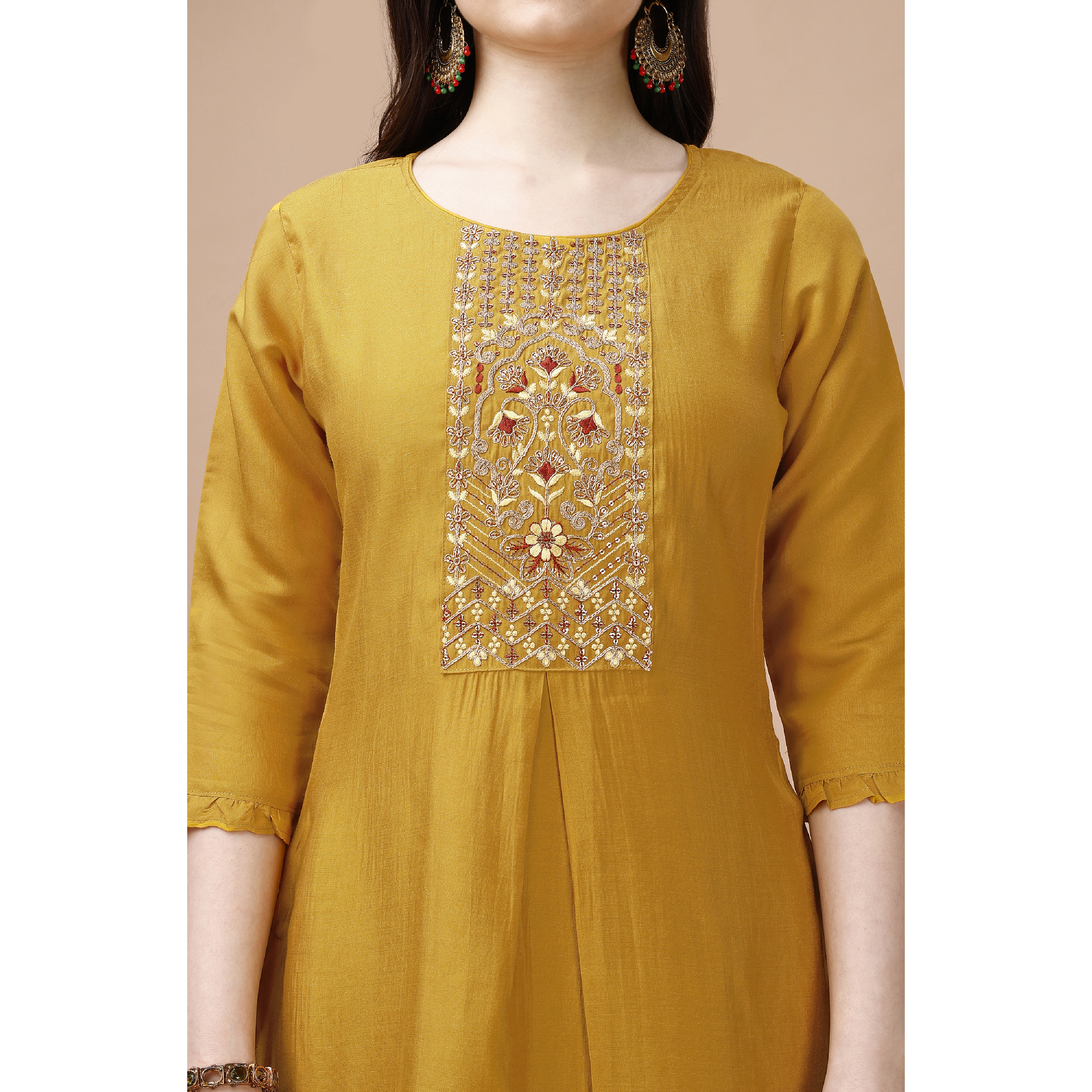 MOJILAA Women's Mustard Viscose Blend Floral Embroidered Festive & Party Co-ord Set