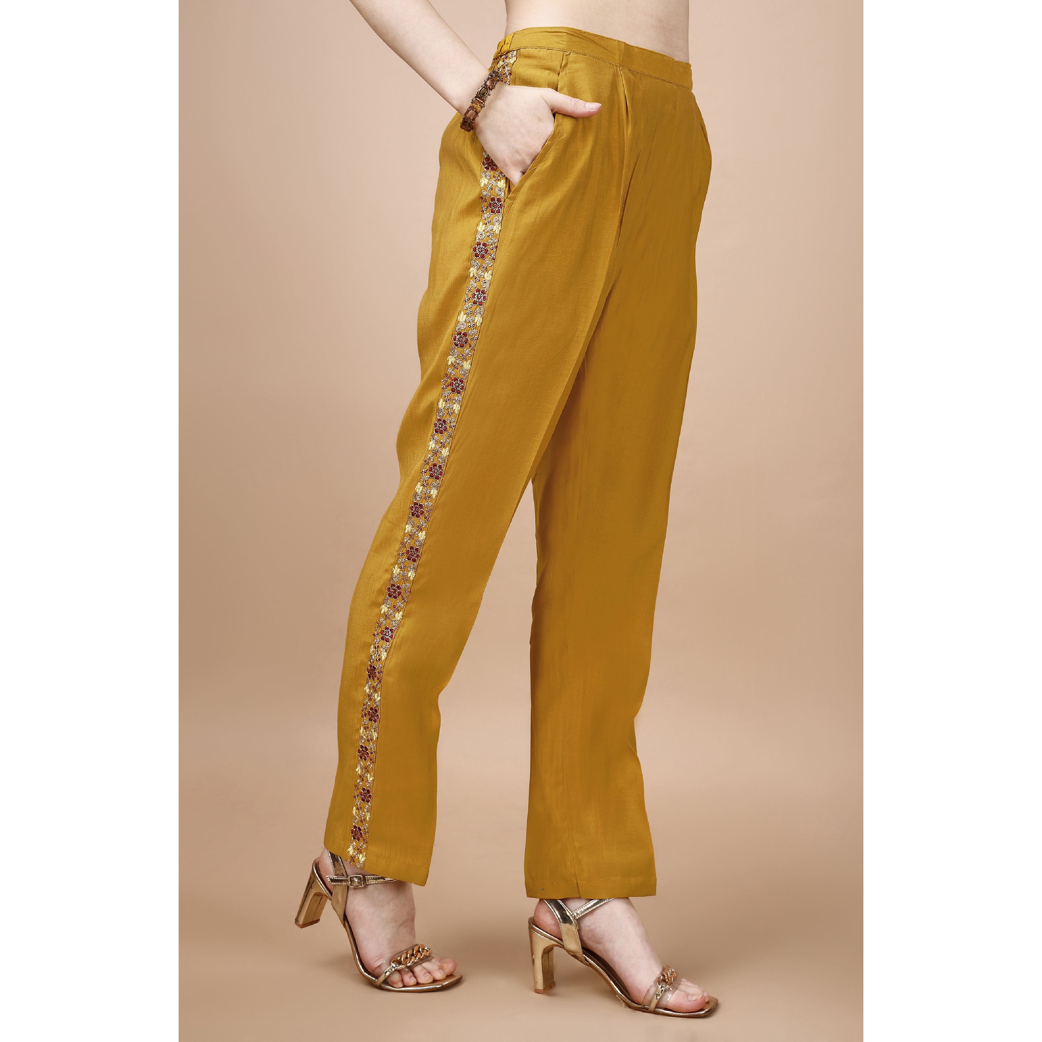 MOJILAA Women's Mustard Viscose Blend Floral Embroidered Festive & Party Co-ord Set