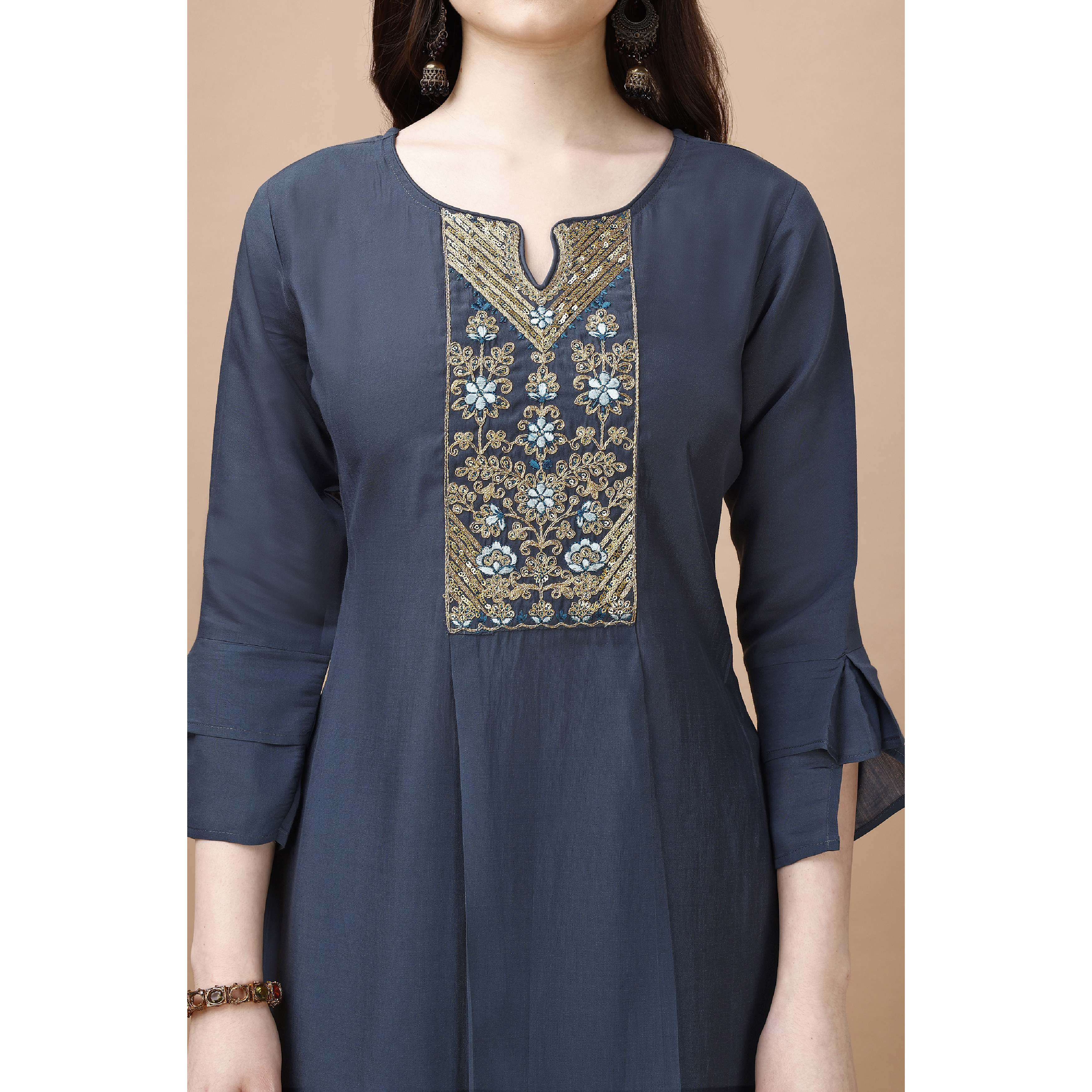 MOJILAA Women's Teal Viscose Blend Floral Embroidered Festive & Party Co-ord Set