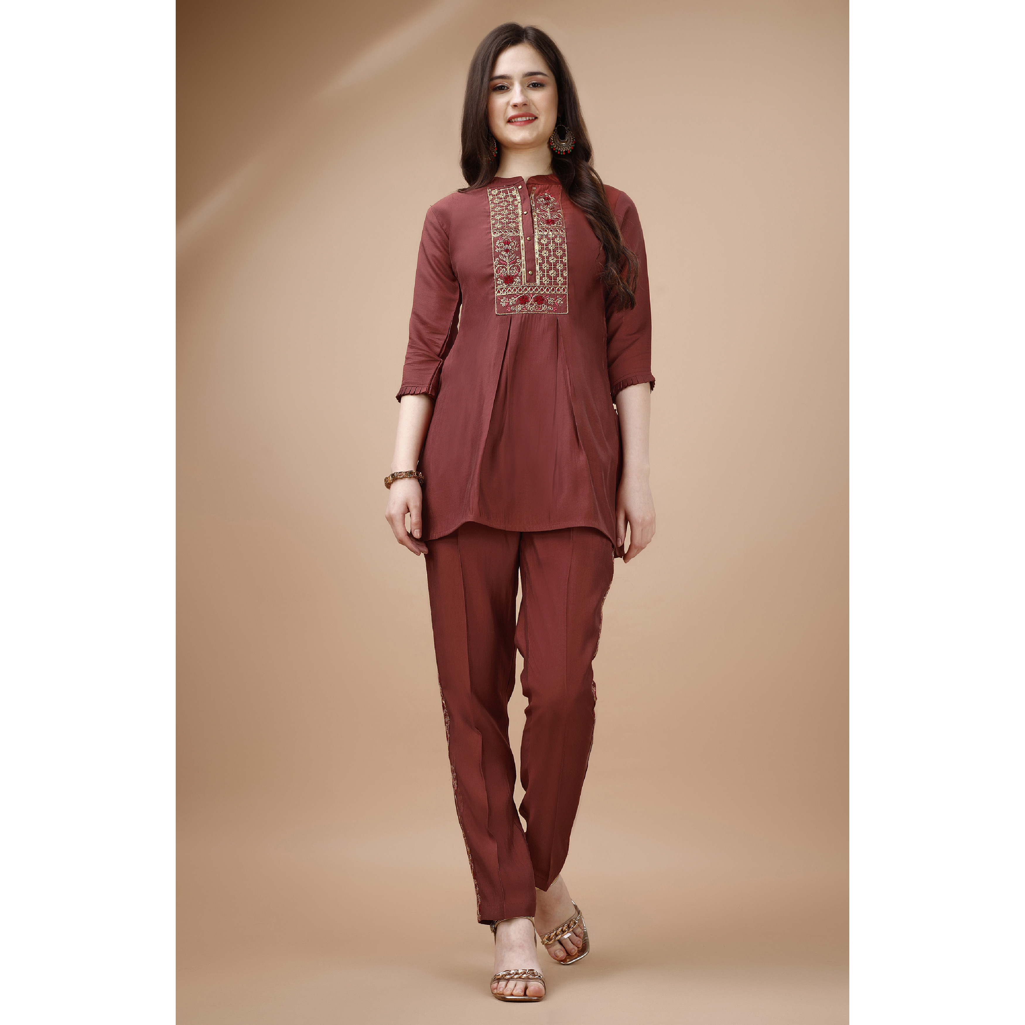 MOJILAA Women's Rust Viscose Blend Floral Embroidered Festive & Party Co-ord Set