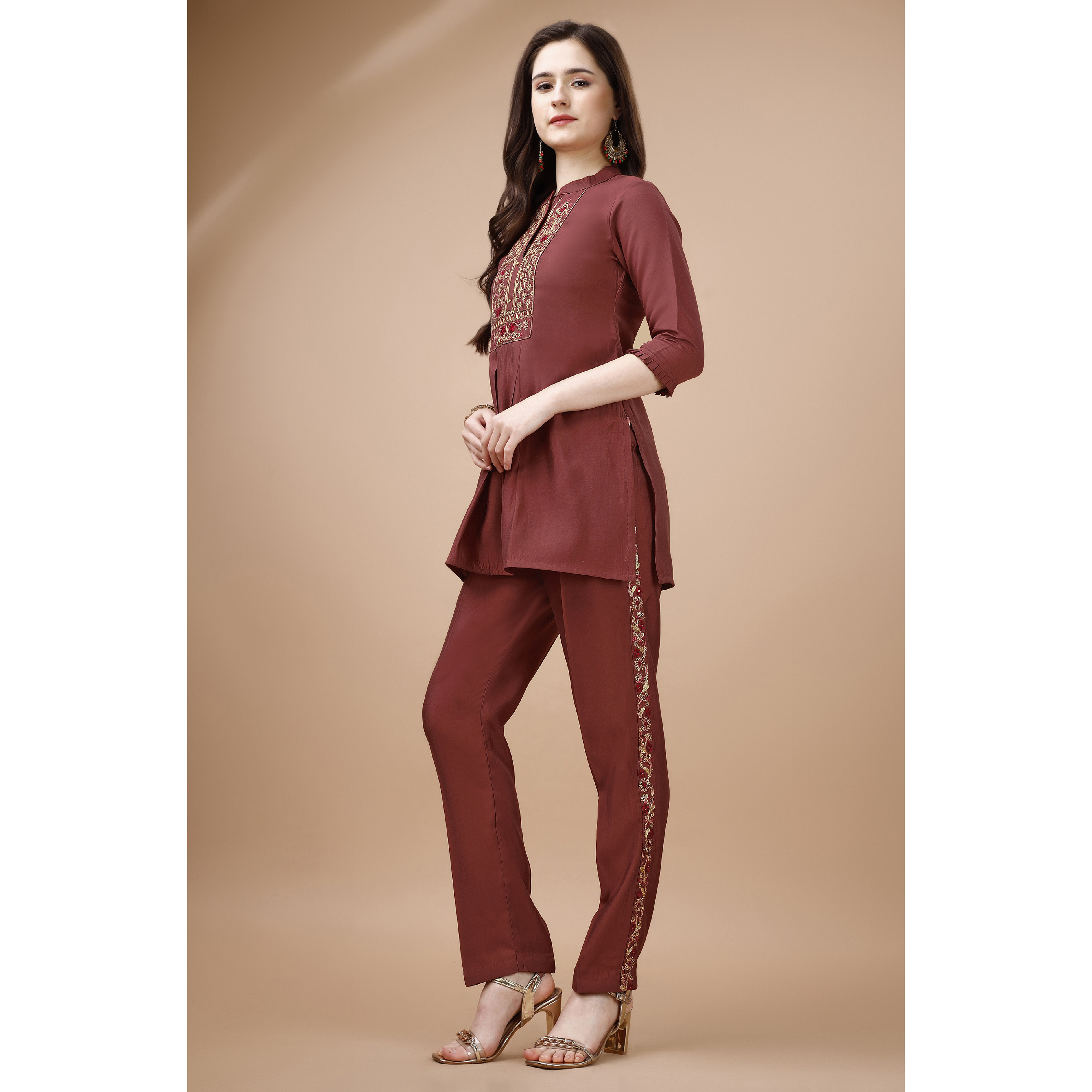 MOJILAA Women's Rust Viscose Blend Floral Embroidered Festive & Party Co-ord Set