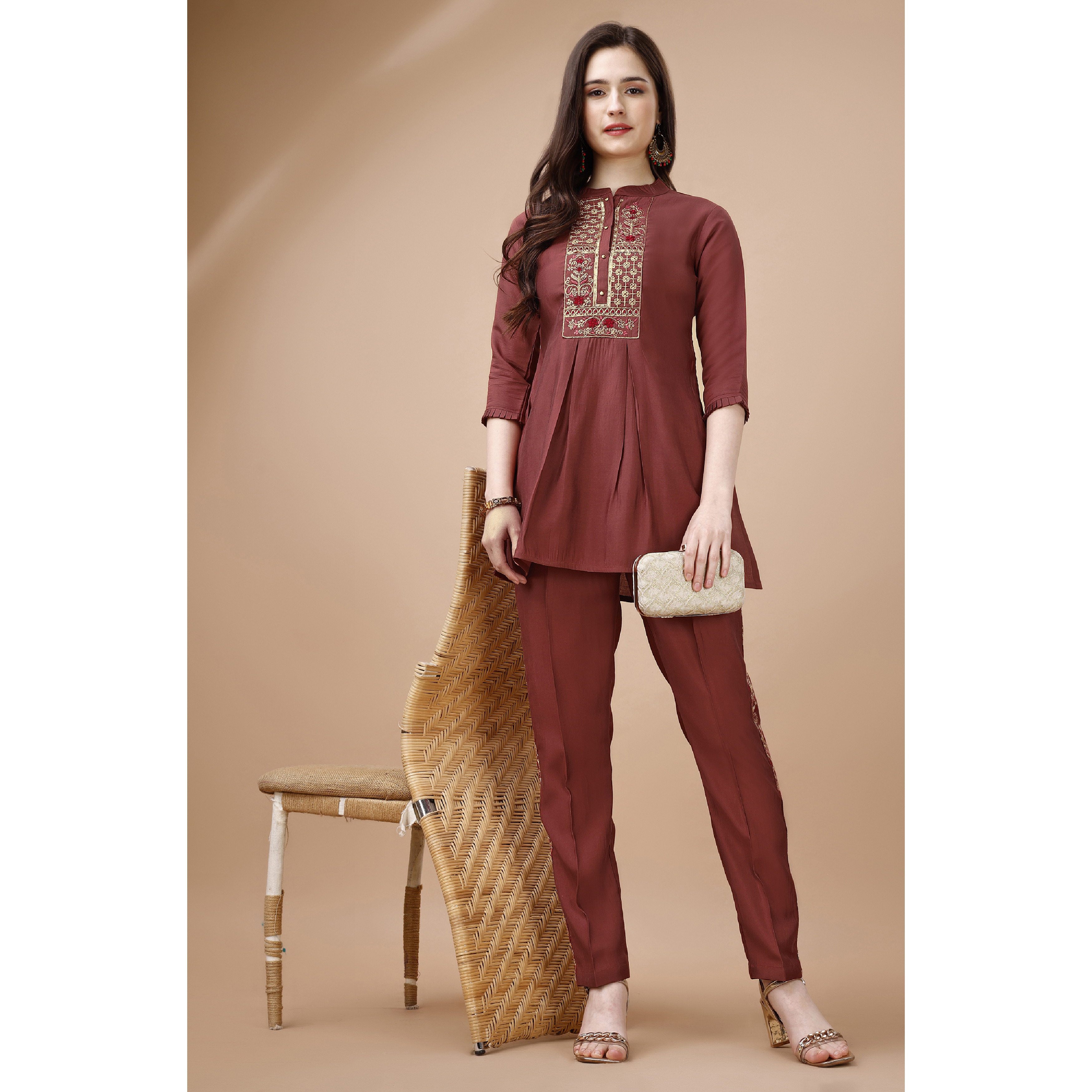MOJILAA Women's Rust Viscose Blend Floral Embroidered Festive & Party Co-ord Set