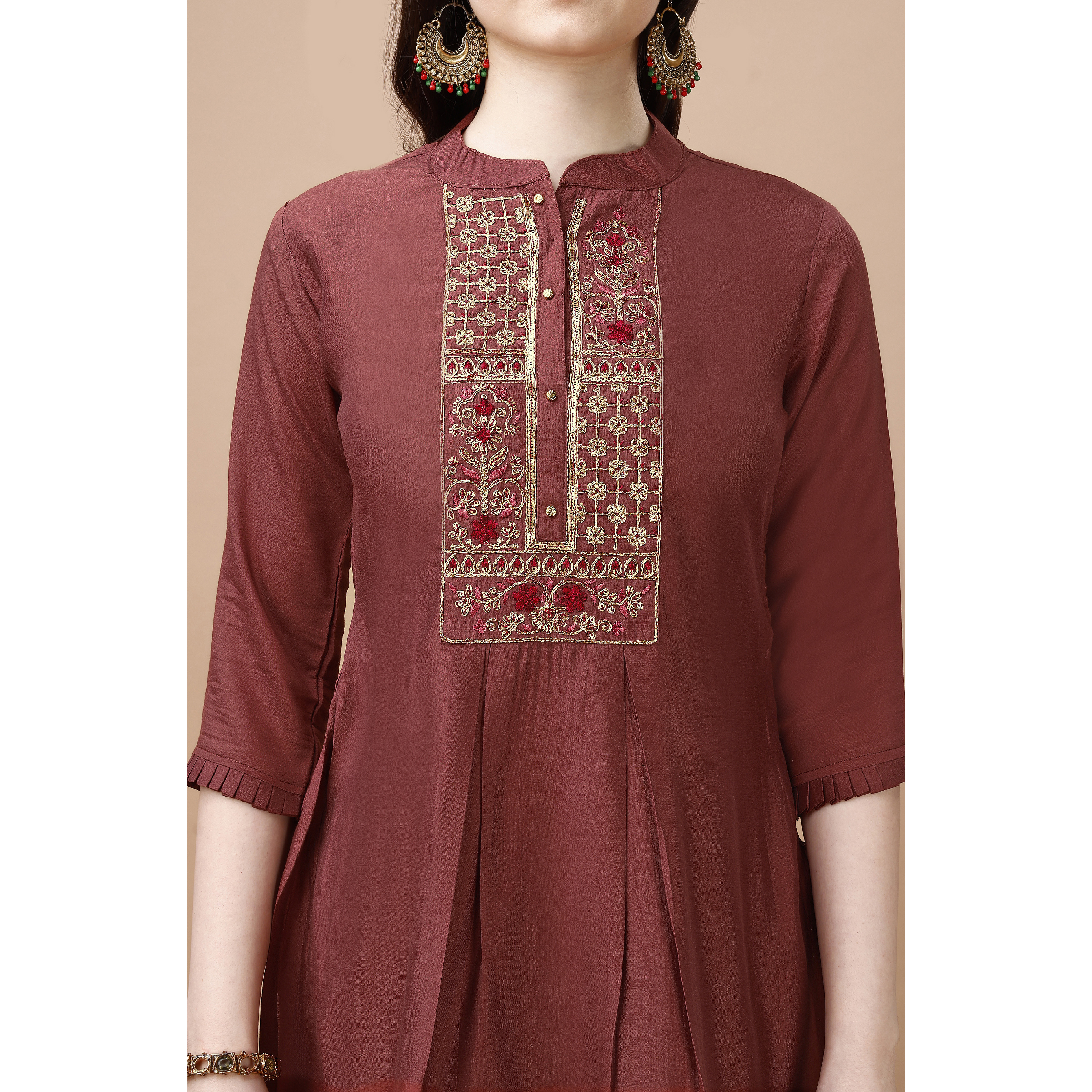 MOJILAA Women's Rust Viscose Blend Floral Embroidered Festive & Party Co-ord Set