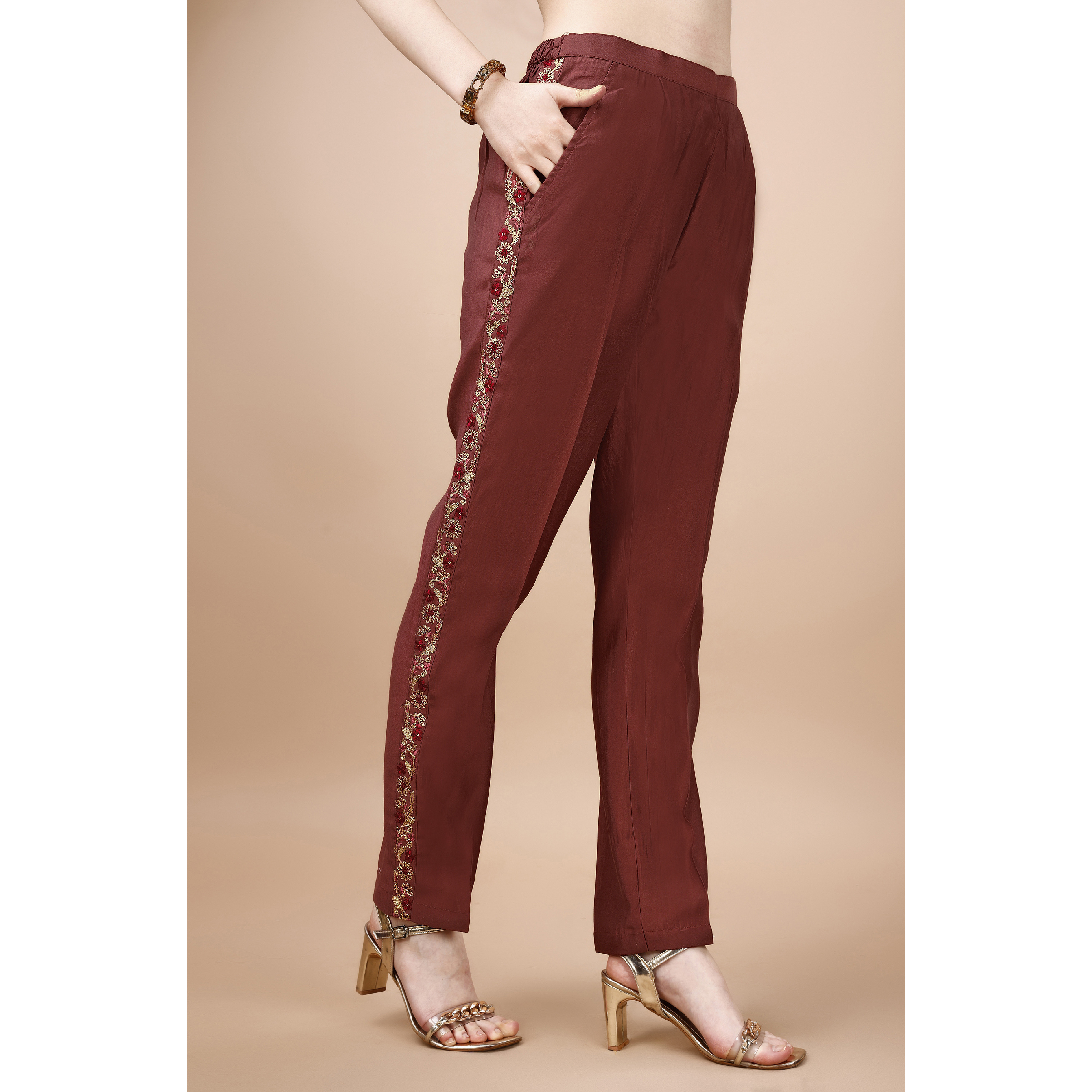 MOJILAA Women's Rust Viscose Blend Floral Embroidered Festive & Party Co-ord Set