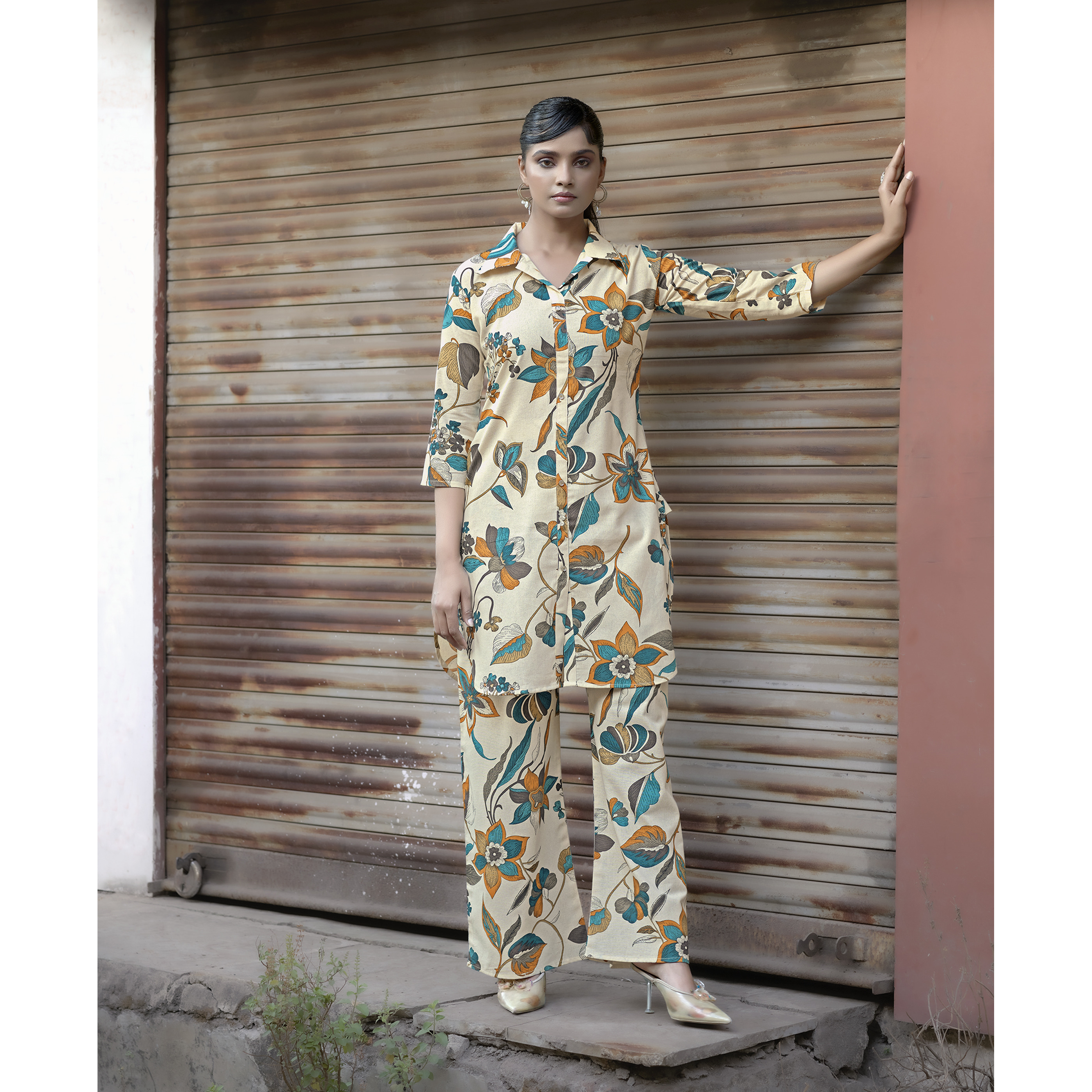 MOJILAA Women's Beige Khadi Cotton Printed Floral Printed Party Co-ord Set