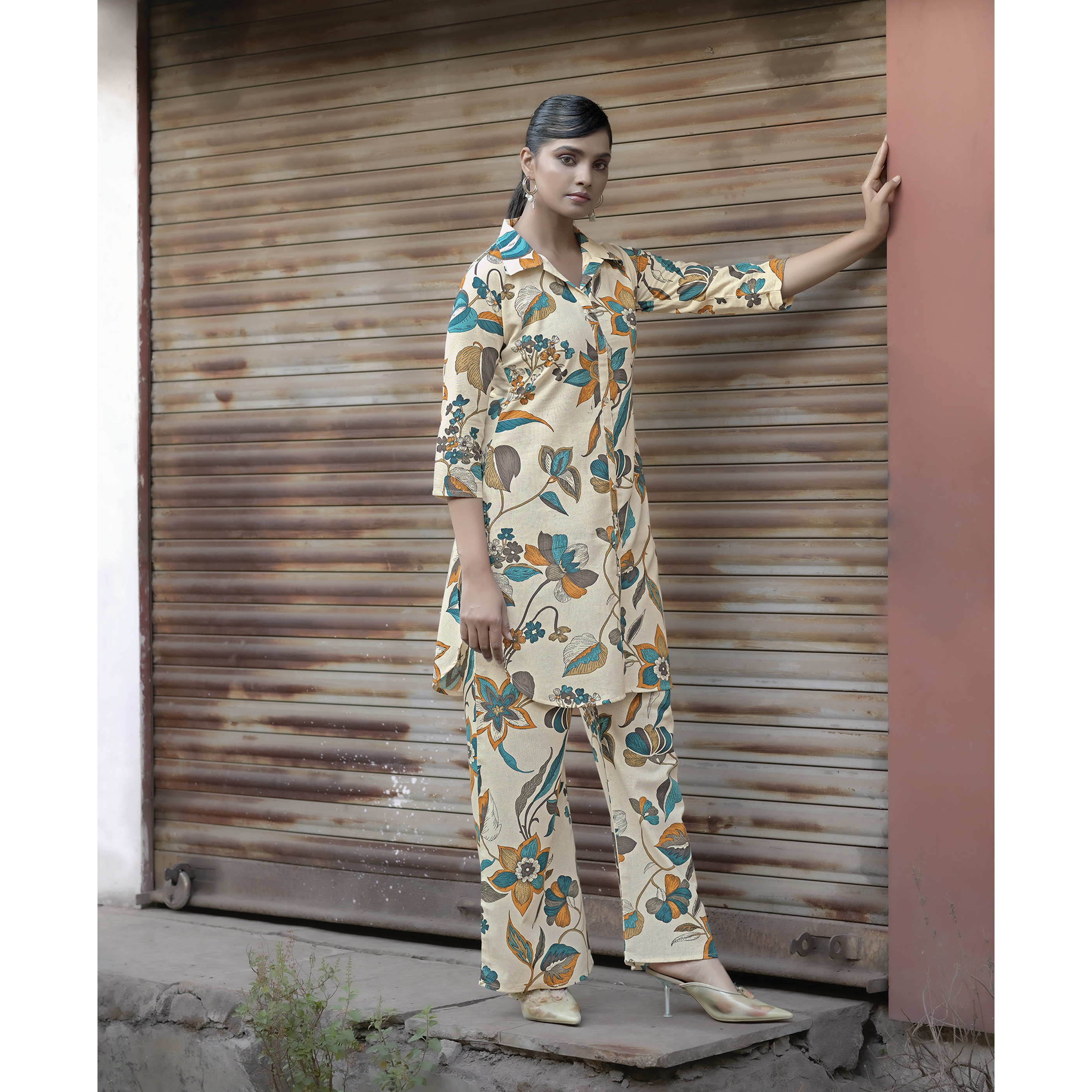 MOJILAA Women's Beige Khadi Cotton Printed Floral Printed Party Co-ord Set