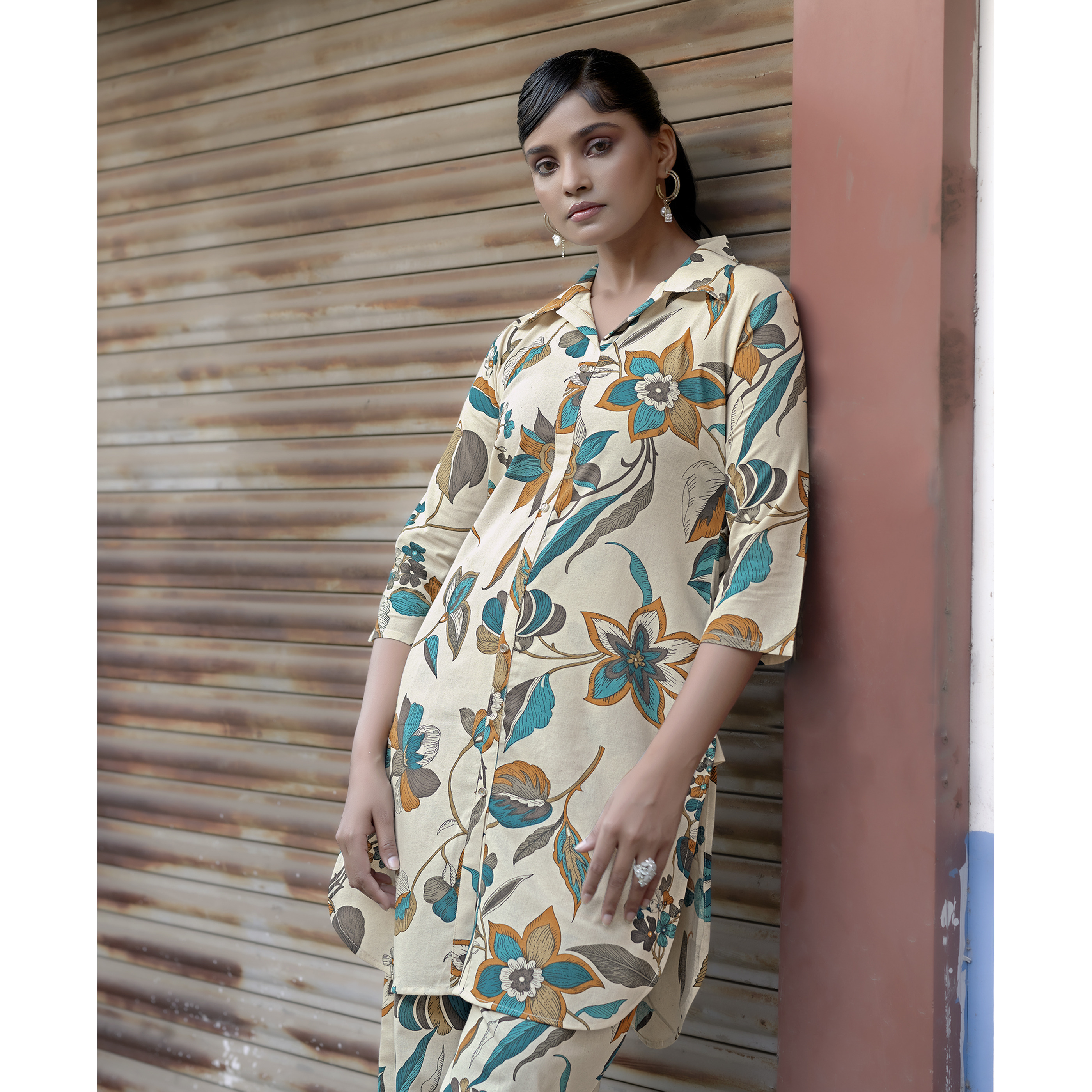 MOJILAA Women's Beige Khadi Cotton Printed Floral Printed Party Co-ord Set