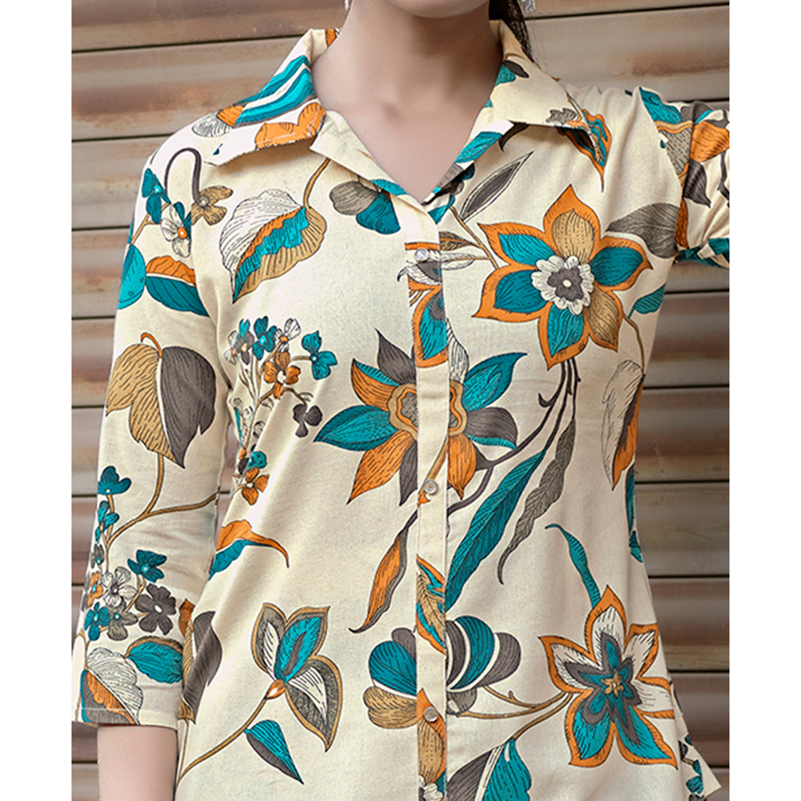 MOJILAA Women's Beige Khadi Cotton Printed Floral Printed Party Co-ord Set
