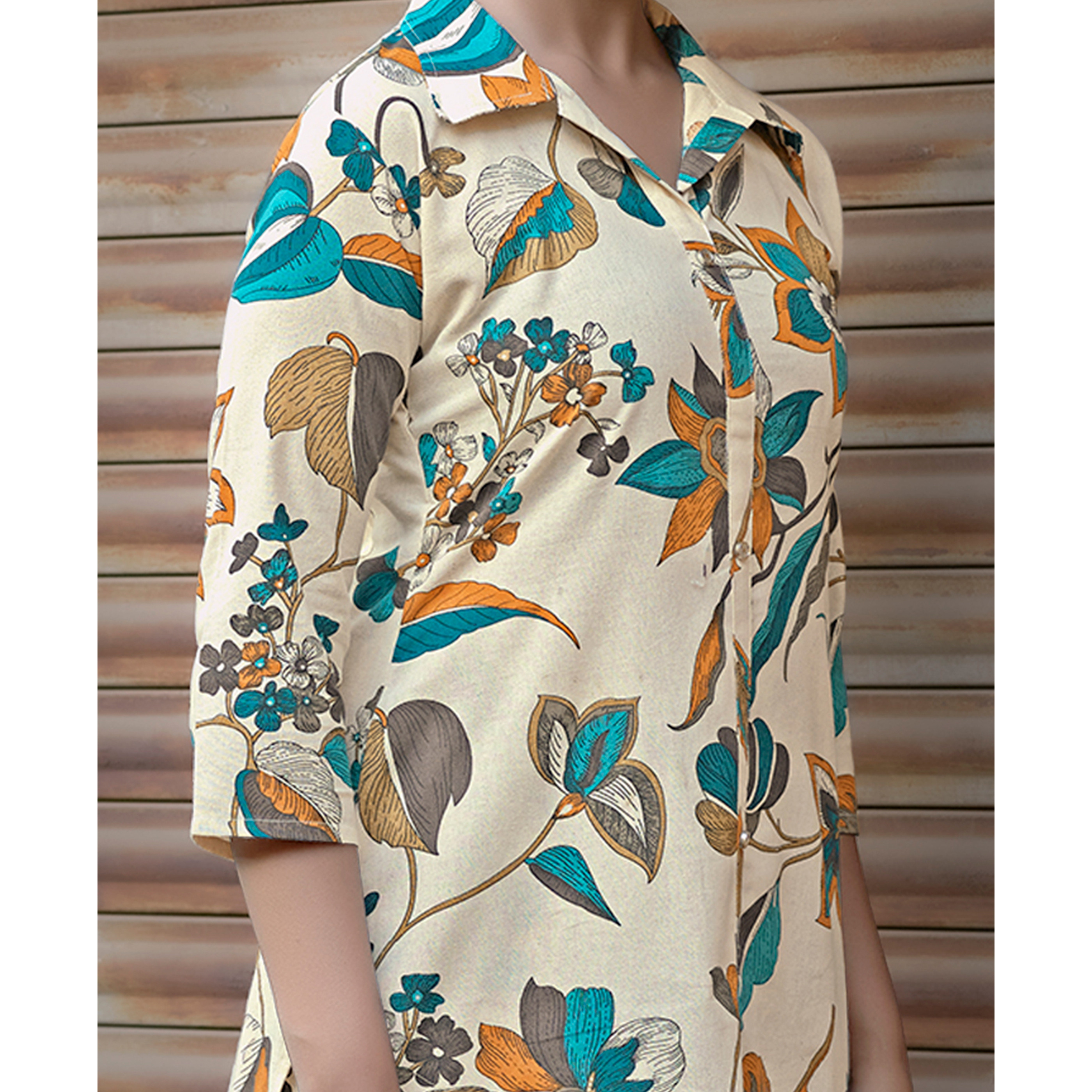 MOJILAA Women's Beige Khadi Cotton Printed Floral Printed Party Co-ord Set