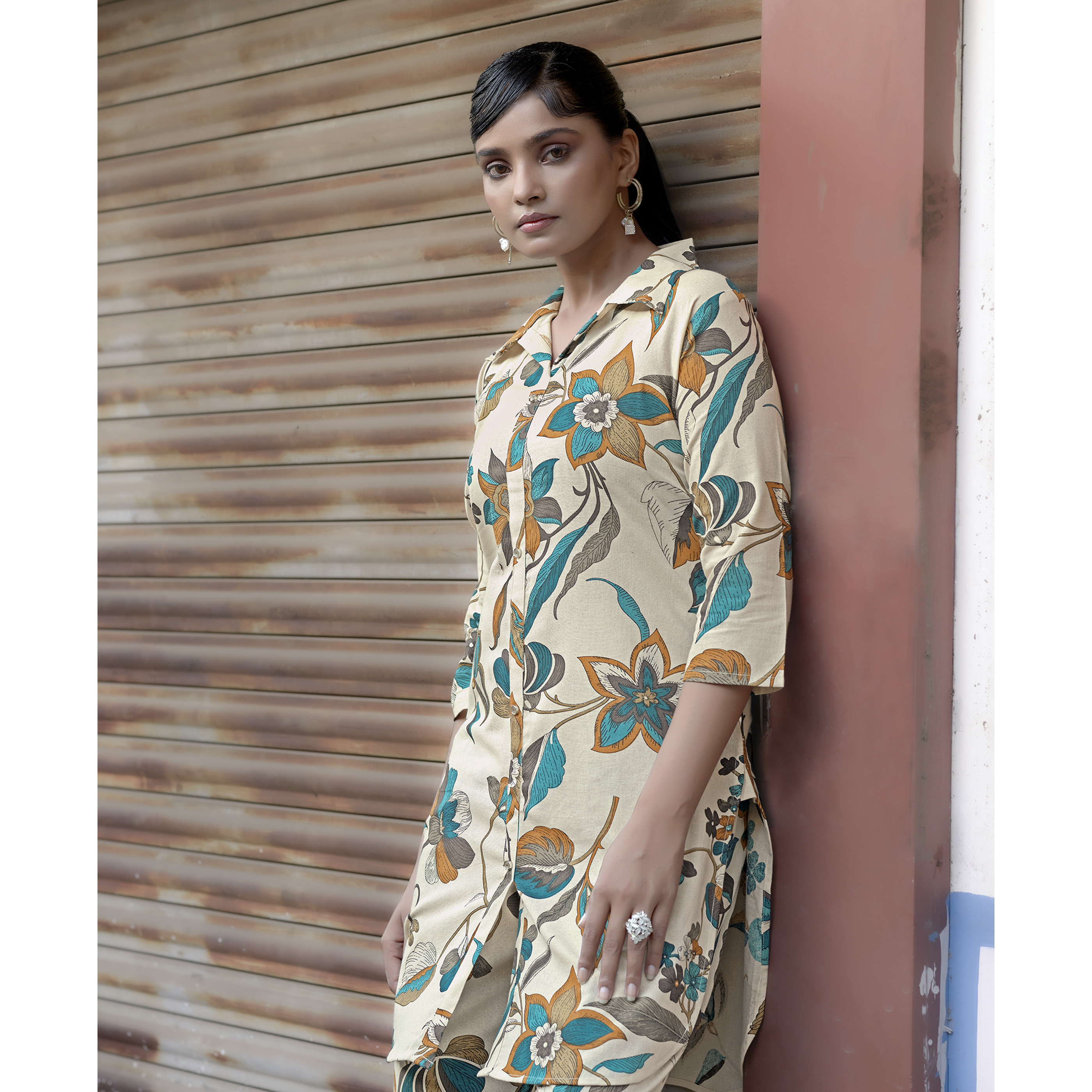 MOJILAA Women's Beige Khadi Cotton Printed Floral Printed Party Co-ord Set