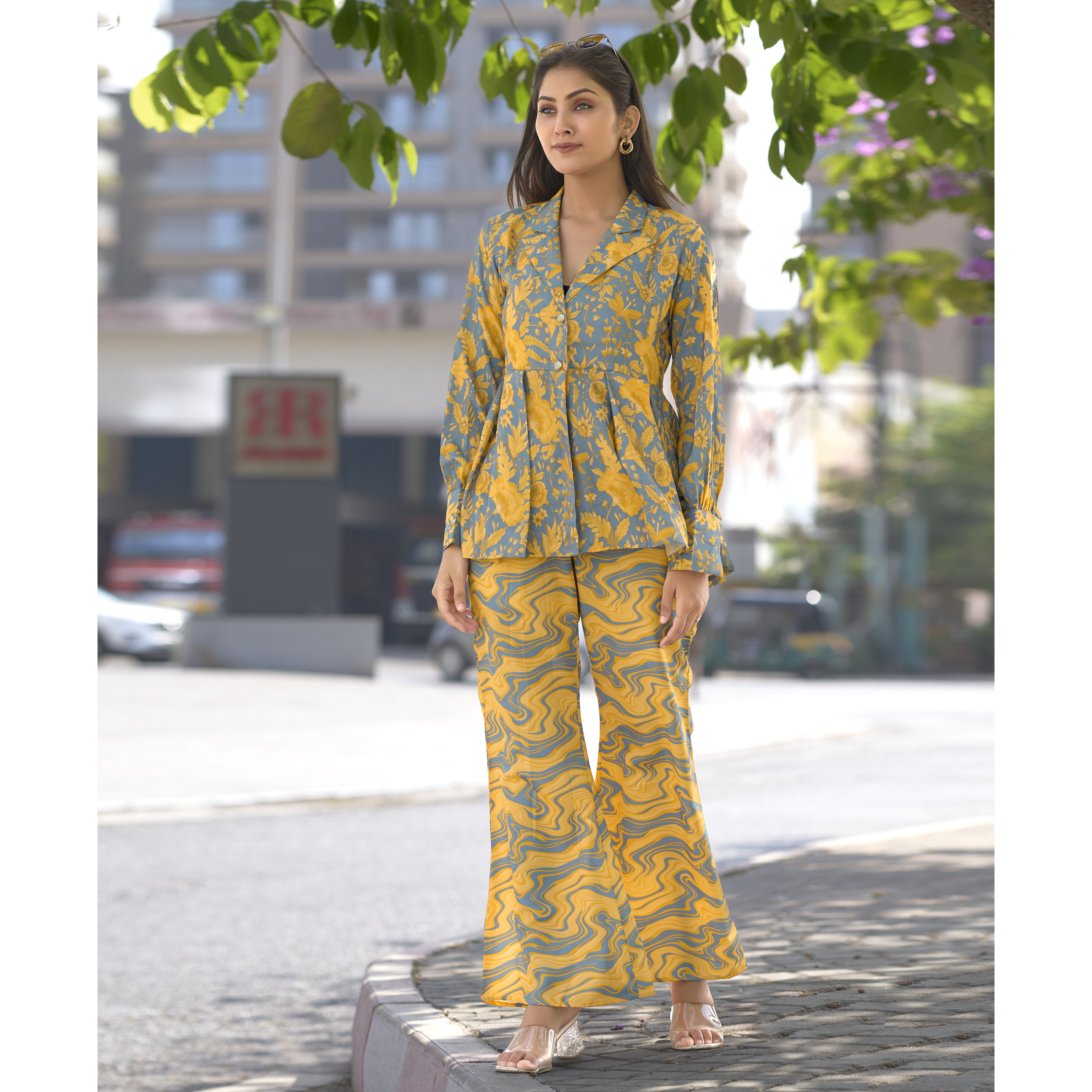 MOJILAA Women's Yellow Crepe Floral & Leaf Printed Party Co-ord Set