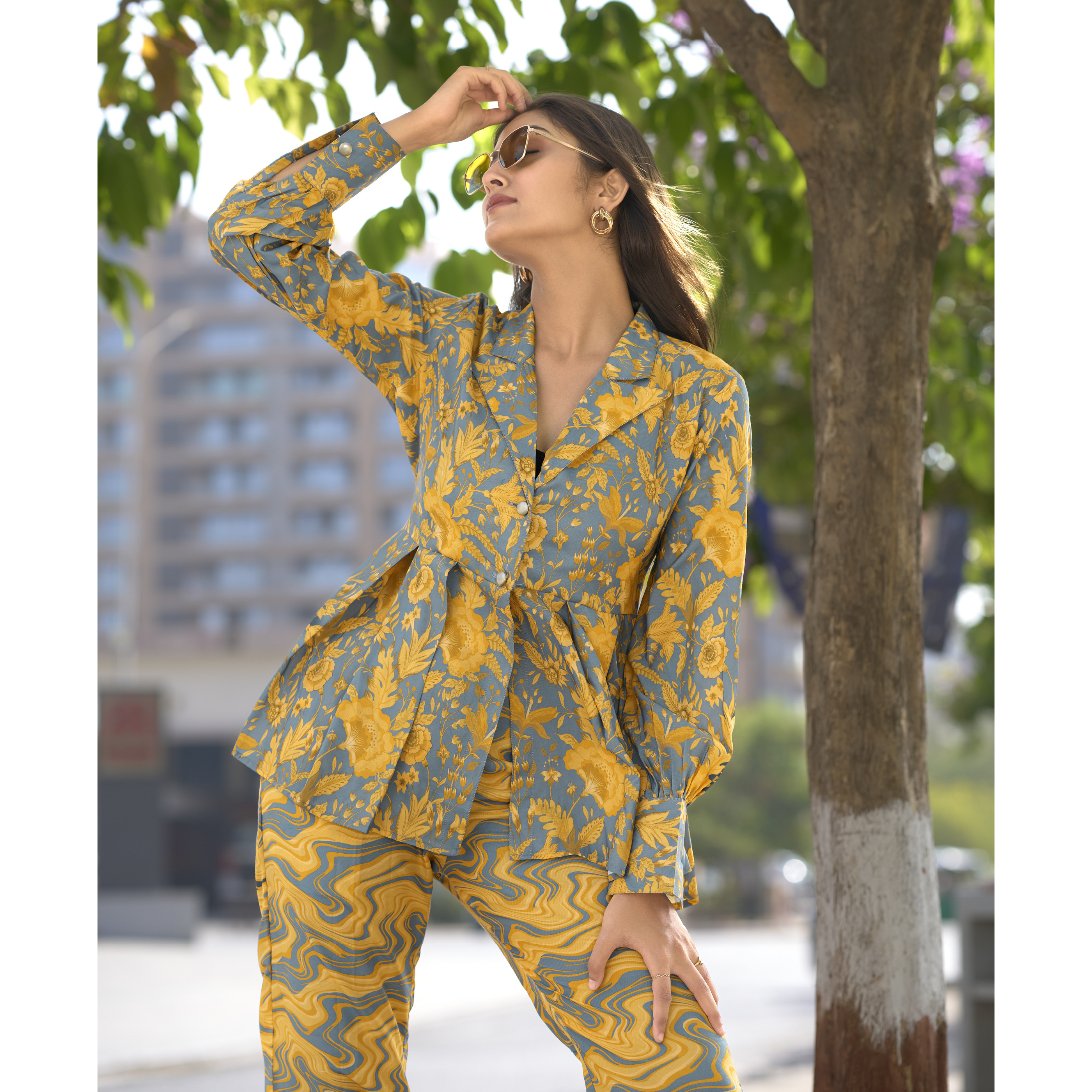 MOJILAA Women's Yellow Crepe Floral & Leaf Printed Party Co-ord Set