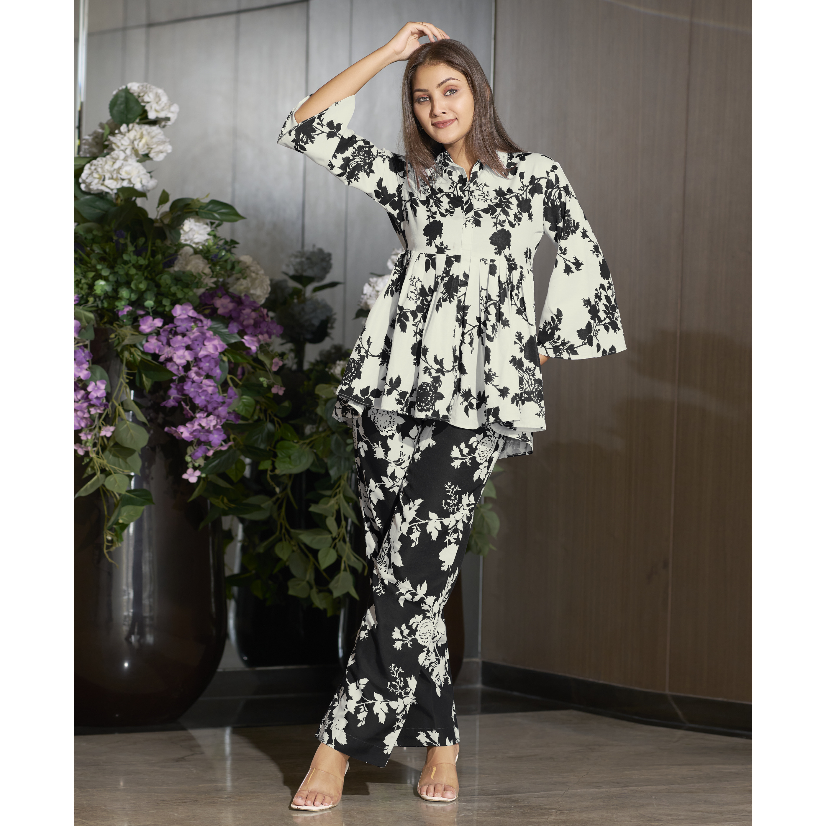 MOJILAA Women's White Rayon Floral & Leaf Printed Causal Co-ord Set