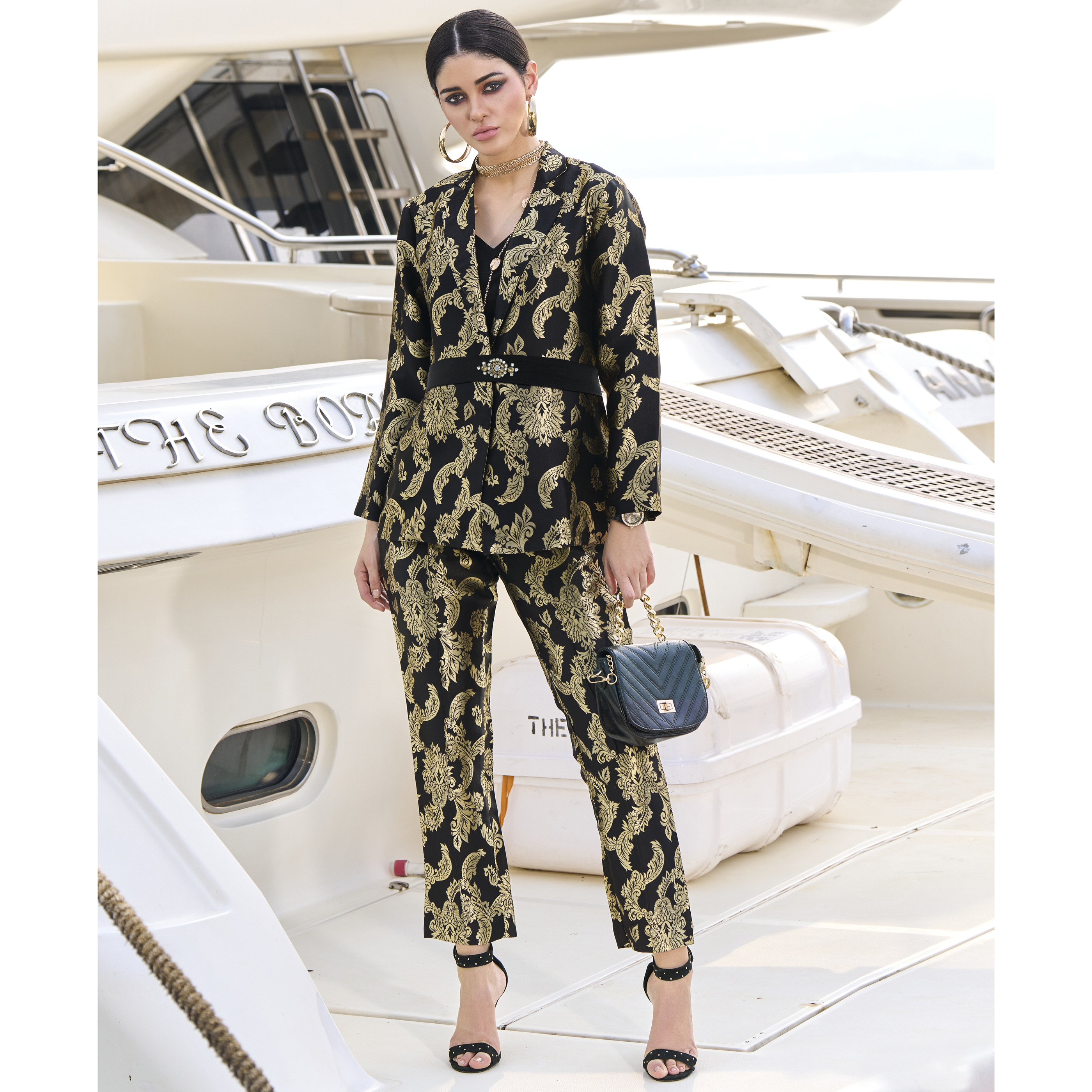 MOJILAA Women's Black Jacquard Ethnic Motifs Brocade Woven Design Festive & Party Co-ord Set