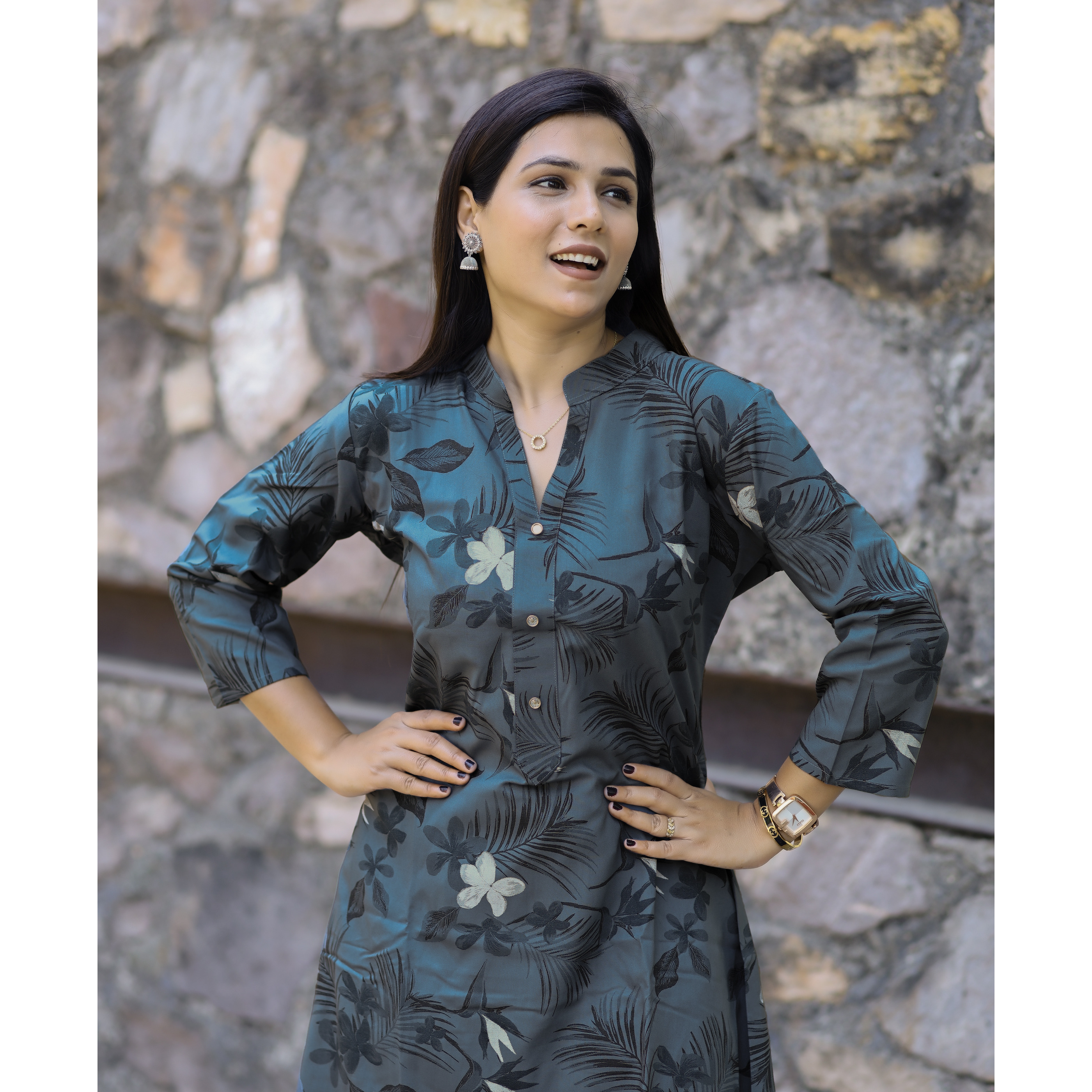 MOJILAA Women's Blue Rayon Viscose 21 KG Floral & Leaf Printed Causal Co-ord Set