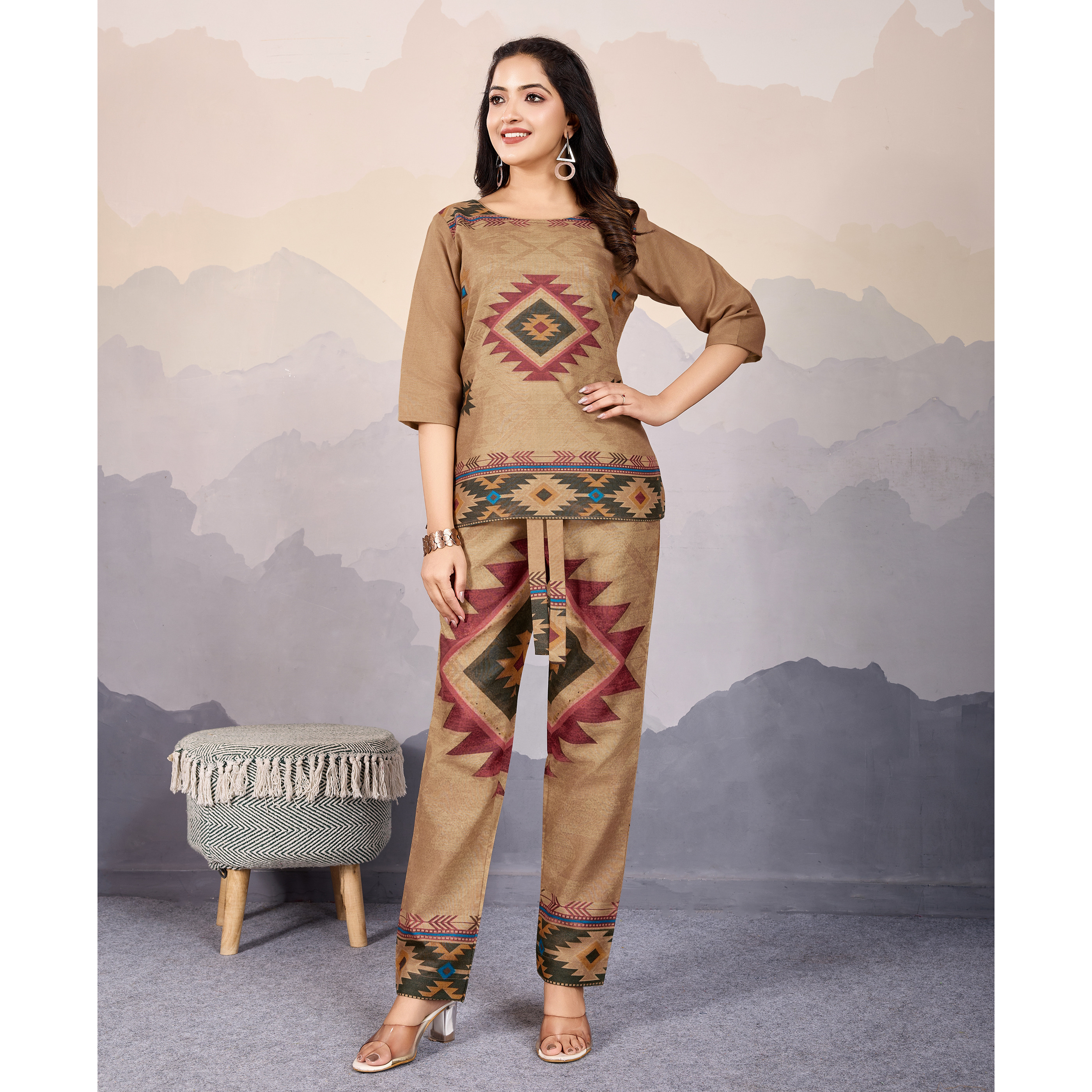 MOJILAA Women's Bronze Linen Silk Geometric Printed Causal Co-ord Set