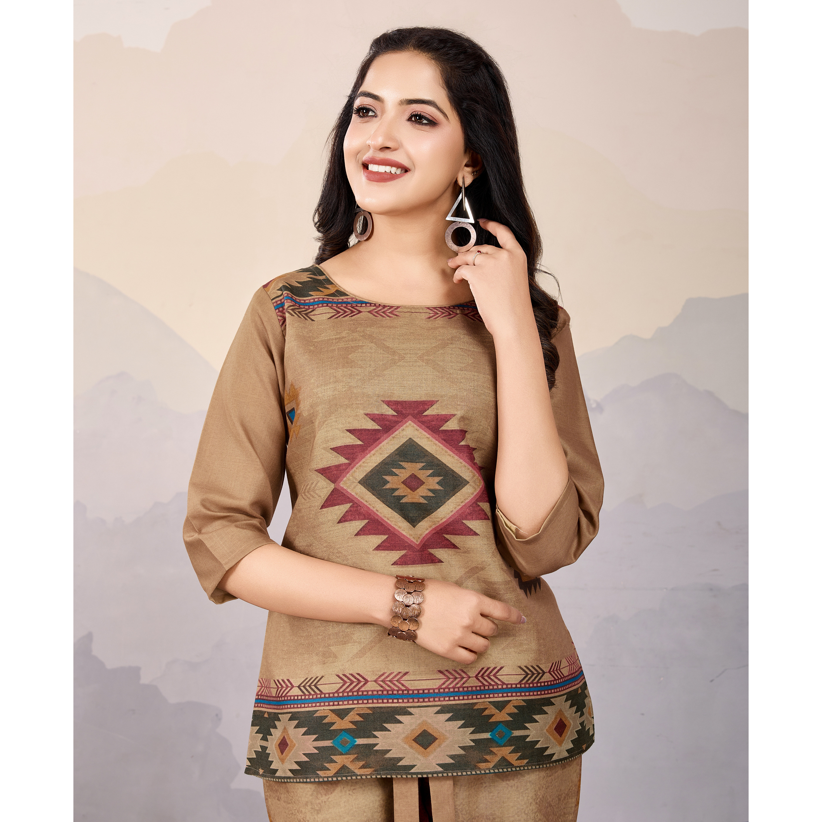 MOJILAA Women's Bronze Linen Silk Geometric Printed Causal Co-ord Set