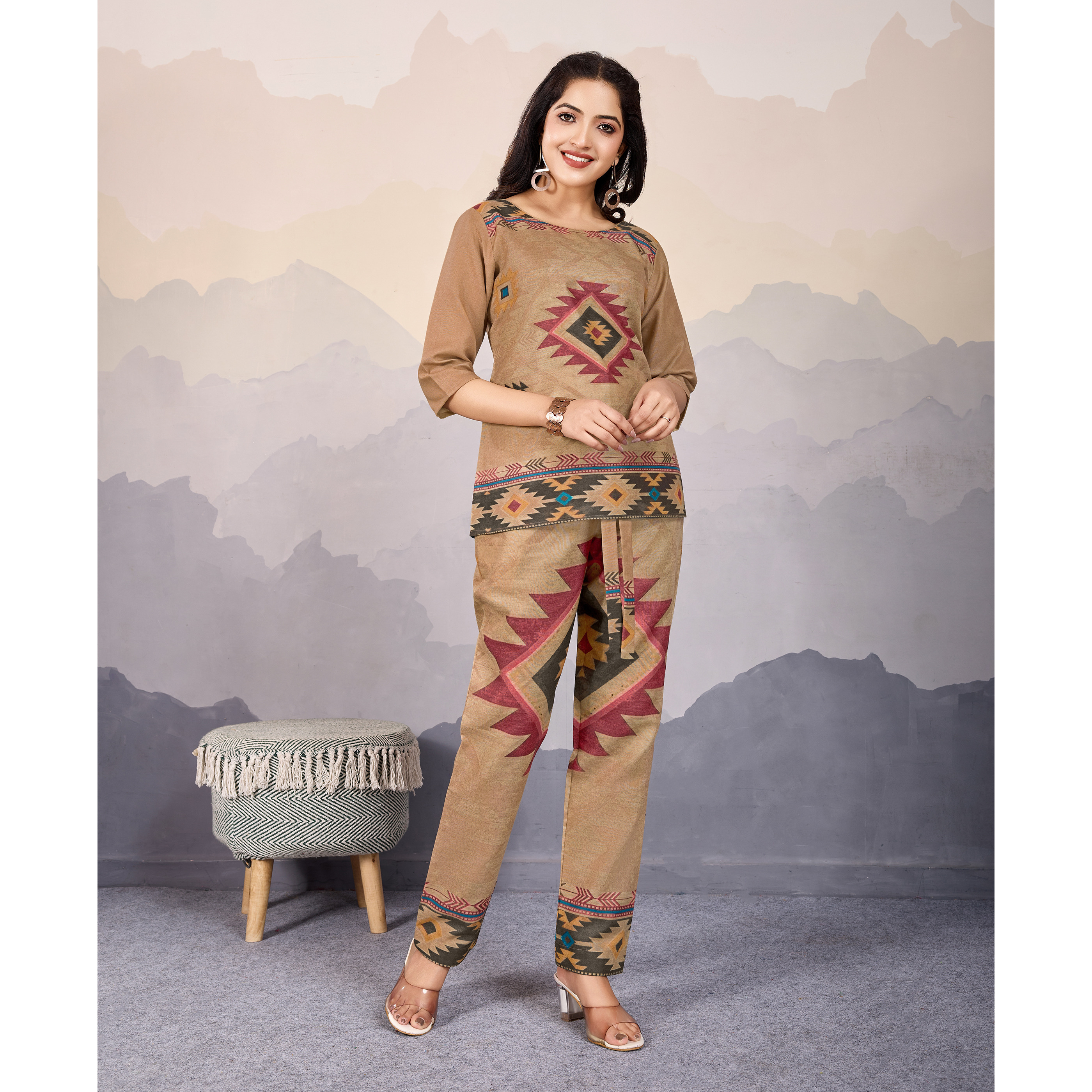 MOJILAA Women's Bronze Linen Silk Geometric Printed Causal Co-ord Set