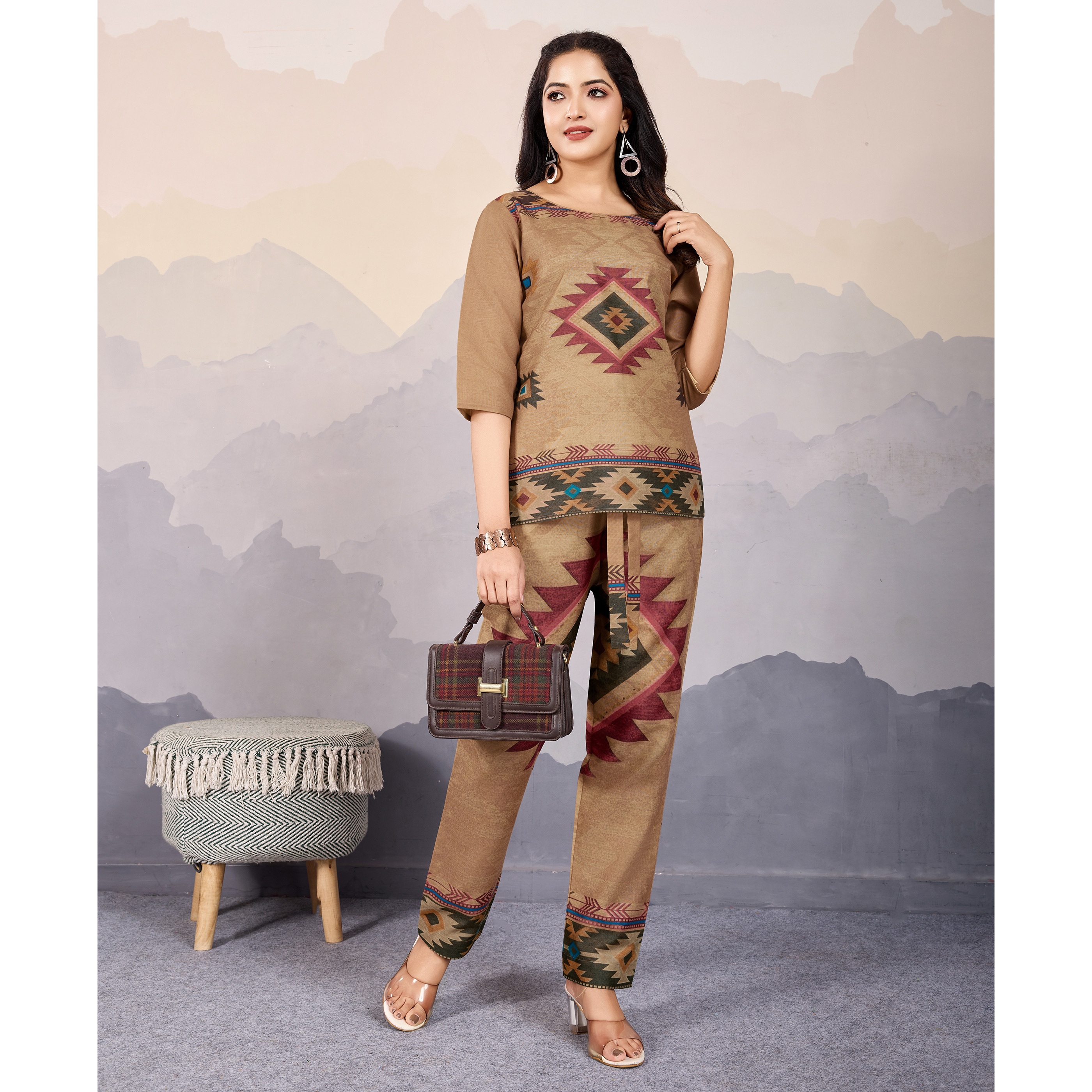 MOJILAA Women's Bronze Linen Silk Geometric Printed Causal Co-ord Set