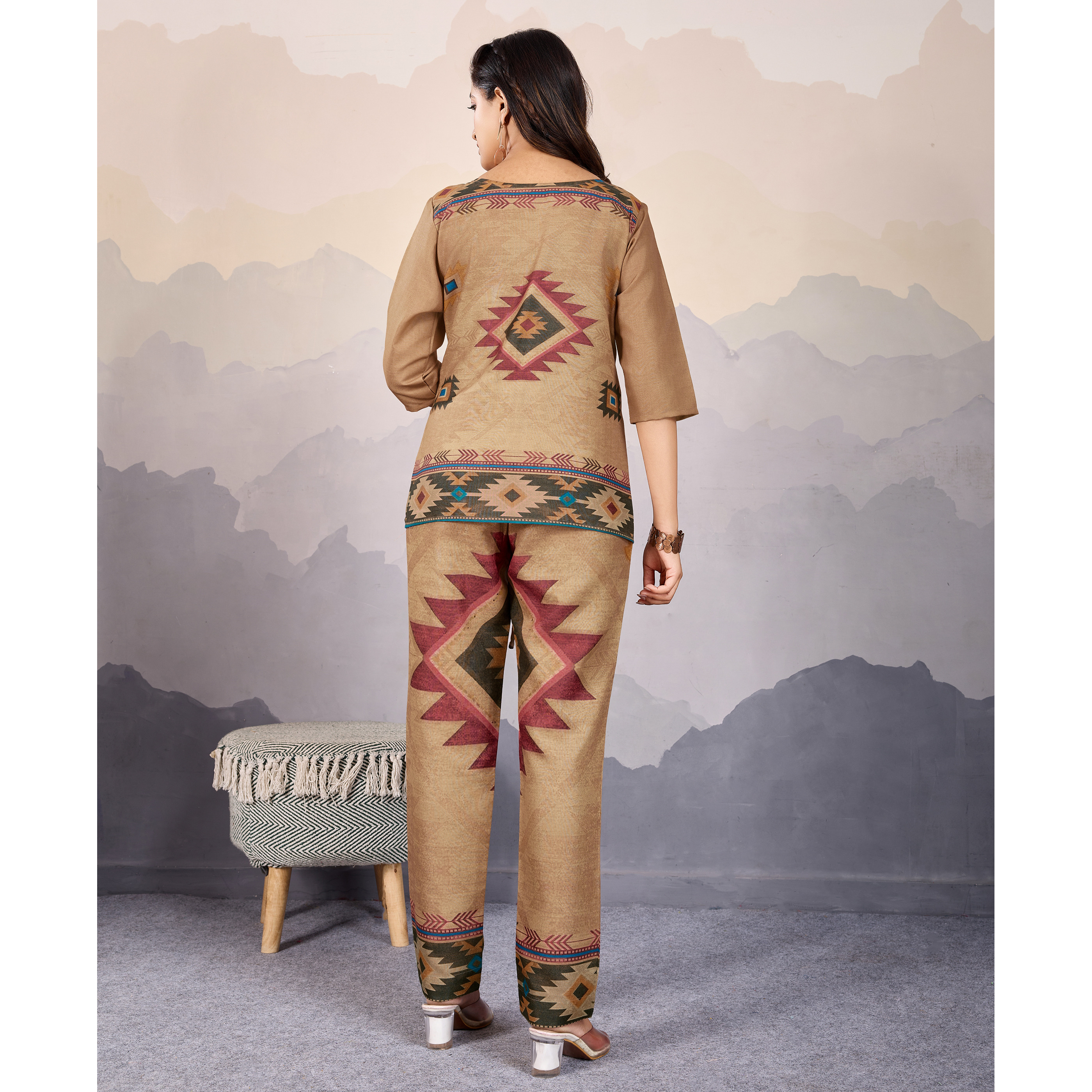 MOJILAA Women's Bronze Linen Silk Geometric Printed Causal Co-ord Set