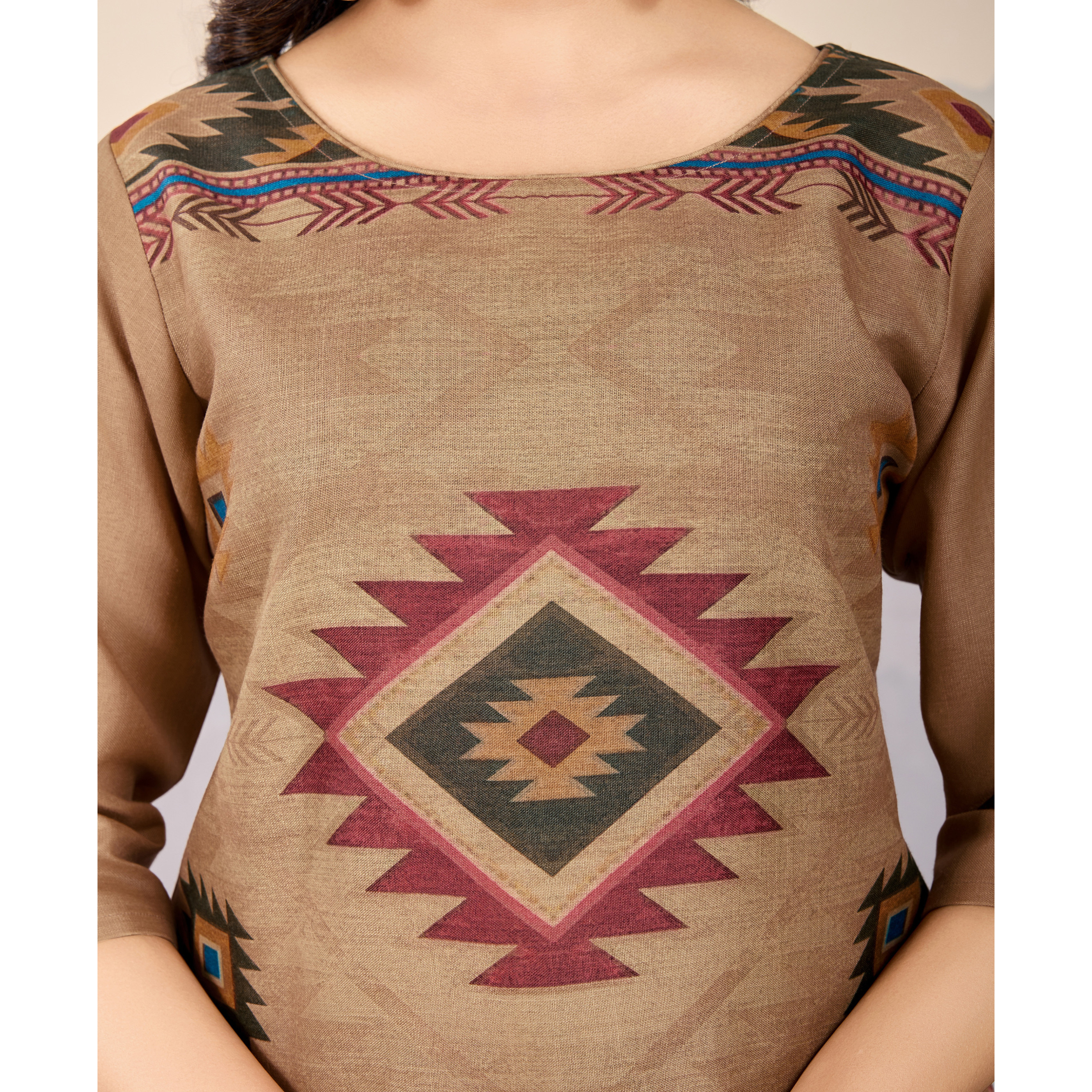 MOJILAA Women's Bronze Linen Silk Geometric Printed Causal Co-ord Set
