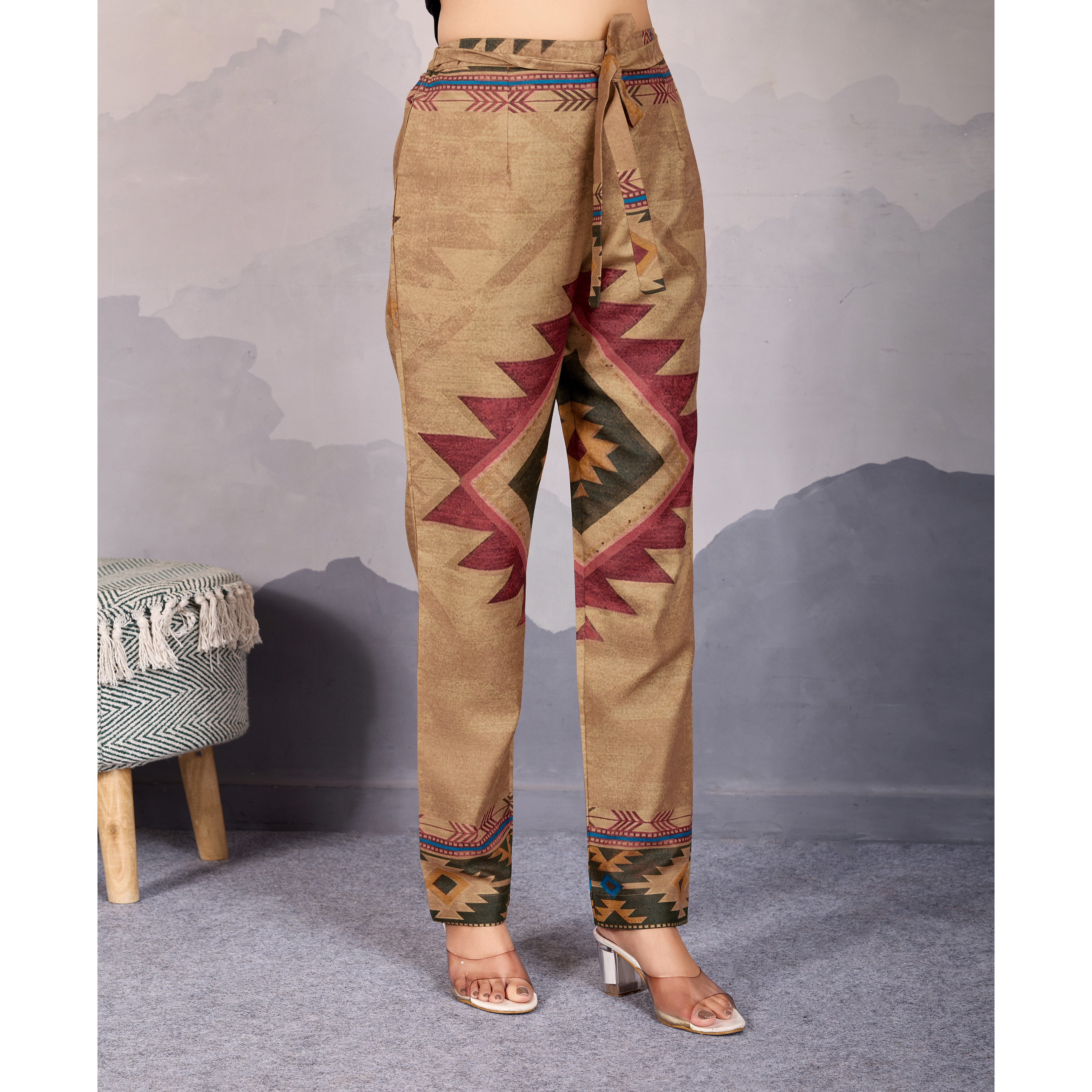 MOJILAA Women's Bronze Linen Silk Geometric Printed Causal Co-ord Set