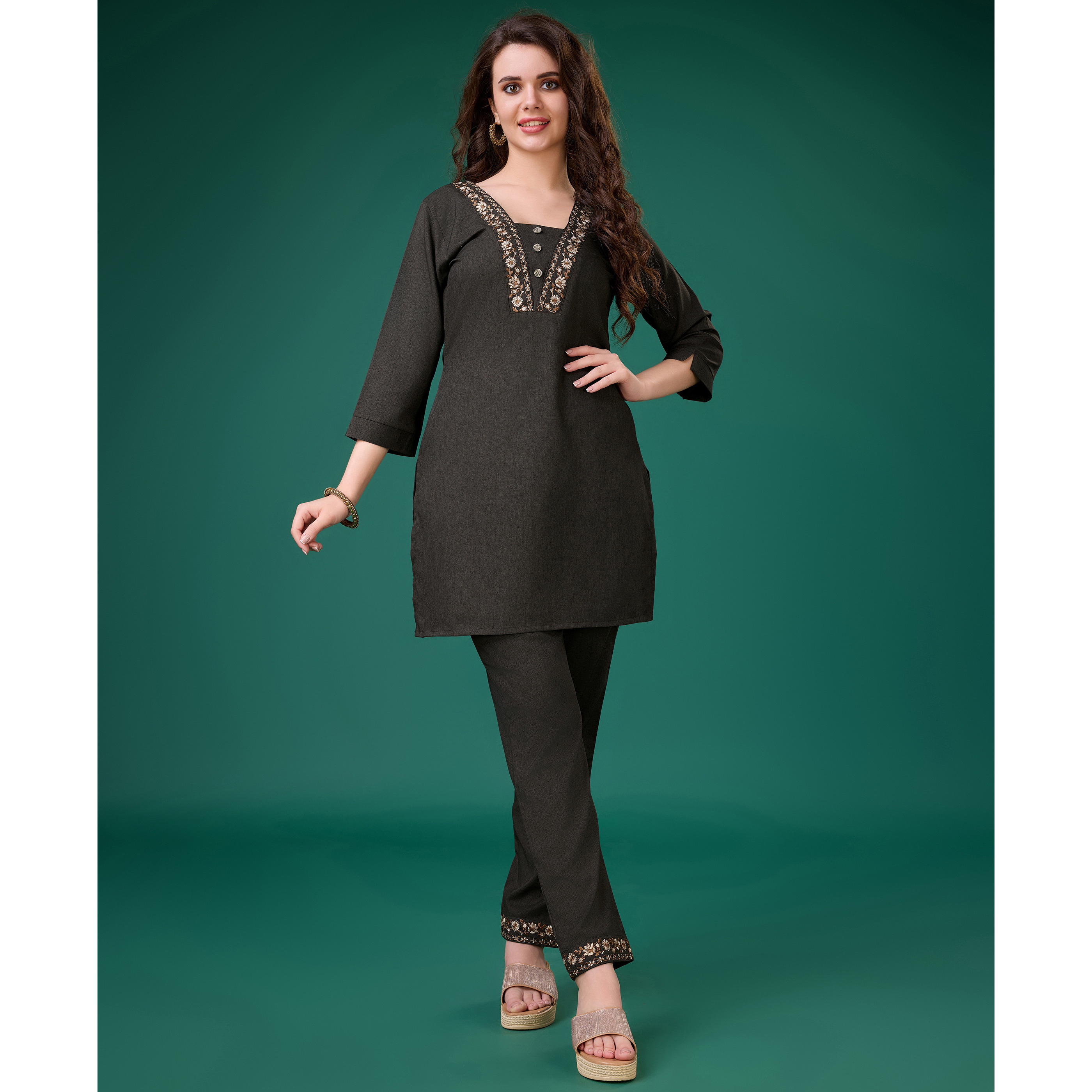 MOJILAA Women's Charcoal Brown Linen Blend Floral Embroidered Causal Co-ord Set