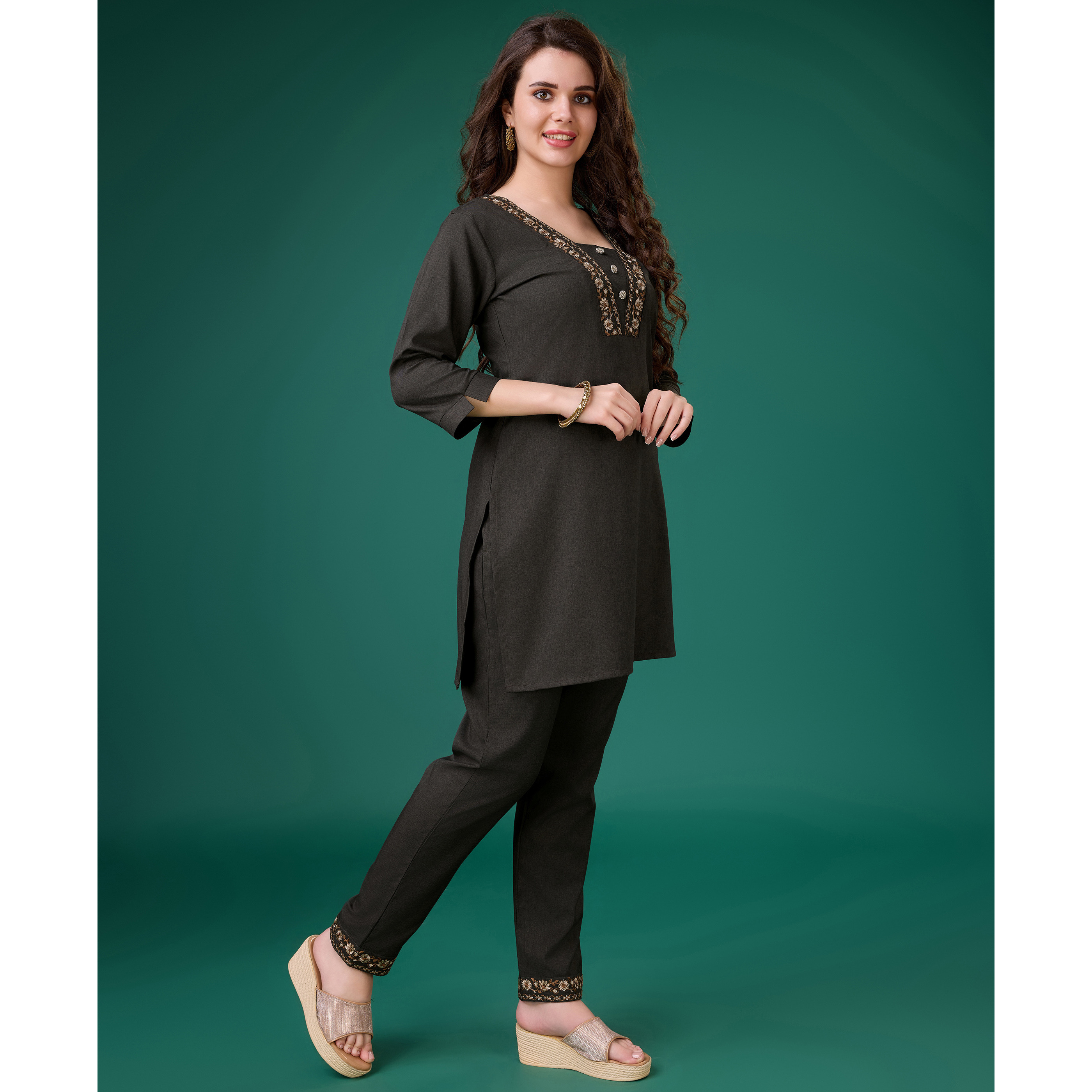 MOJILAA Women's Charcoal Brown Linen Blend Floral Embroidered Causal Co-ord Set