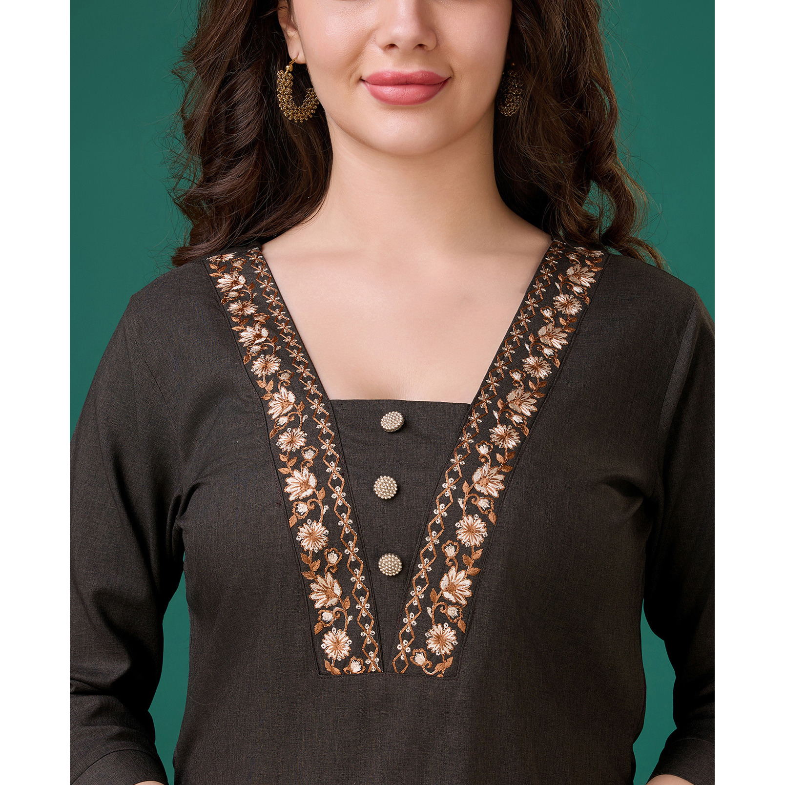 MOJILAA Women's Charcoal Brown Linen Blend Floral Embroidered Causal Co-ord Set